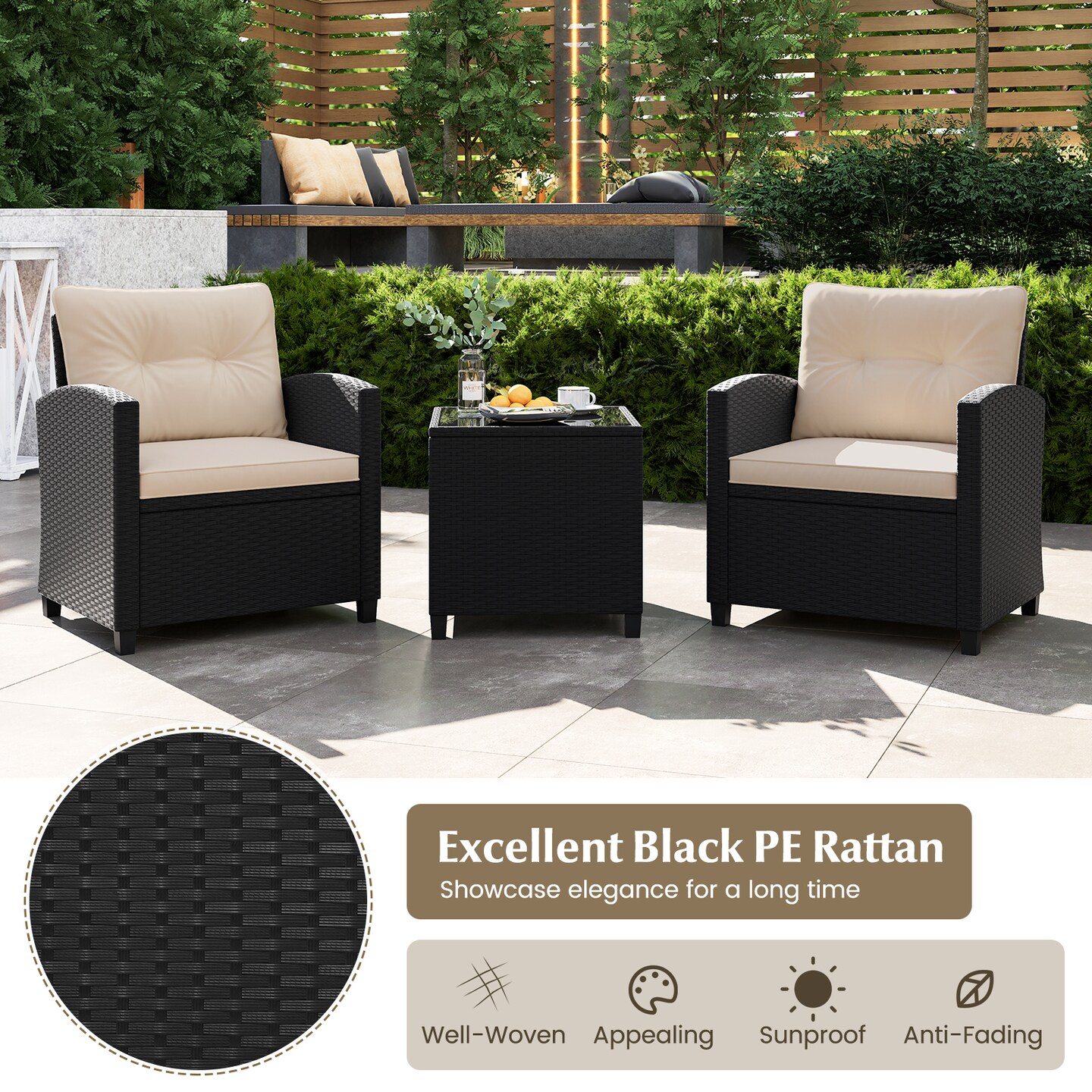 3-Piece PE Rattan Outdoor Furniture Set with Tempered Glass Table and Cushioned Armchairs