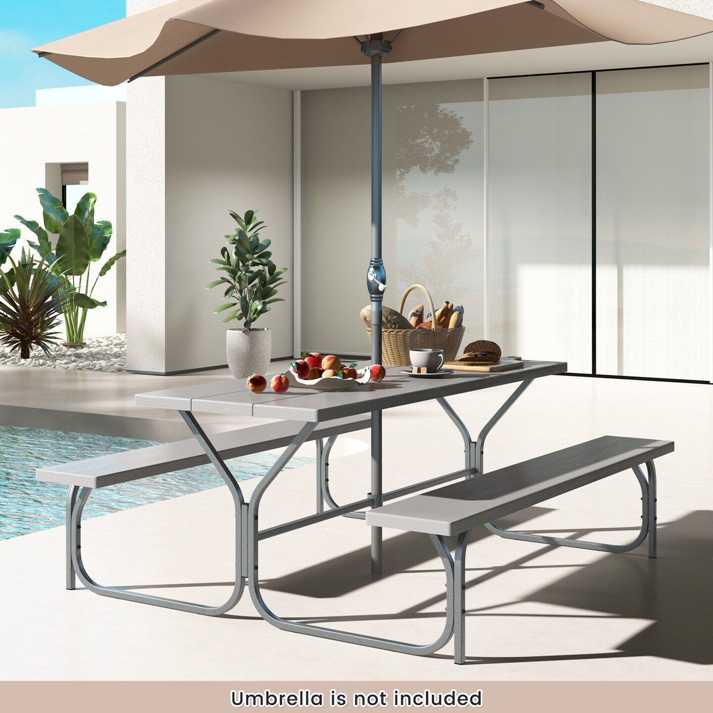 6 FT Picnic Table Bench Set Dining Table and 2 Benches with Metal Frame and HDPE Tabletop