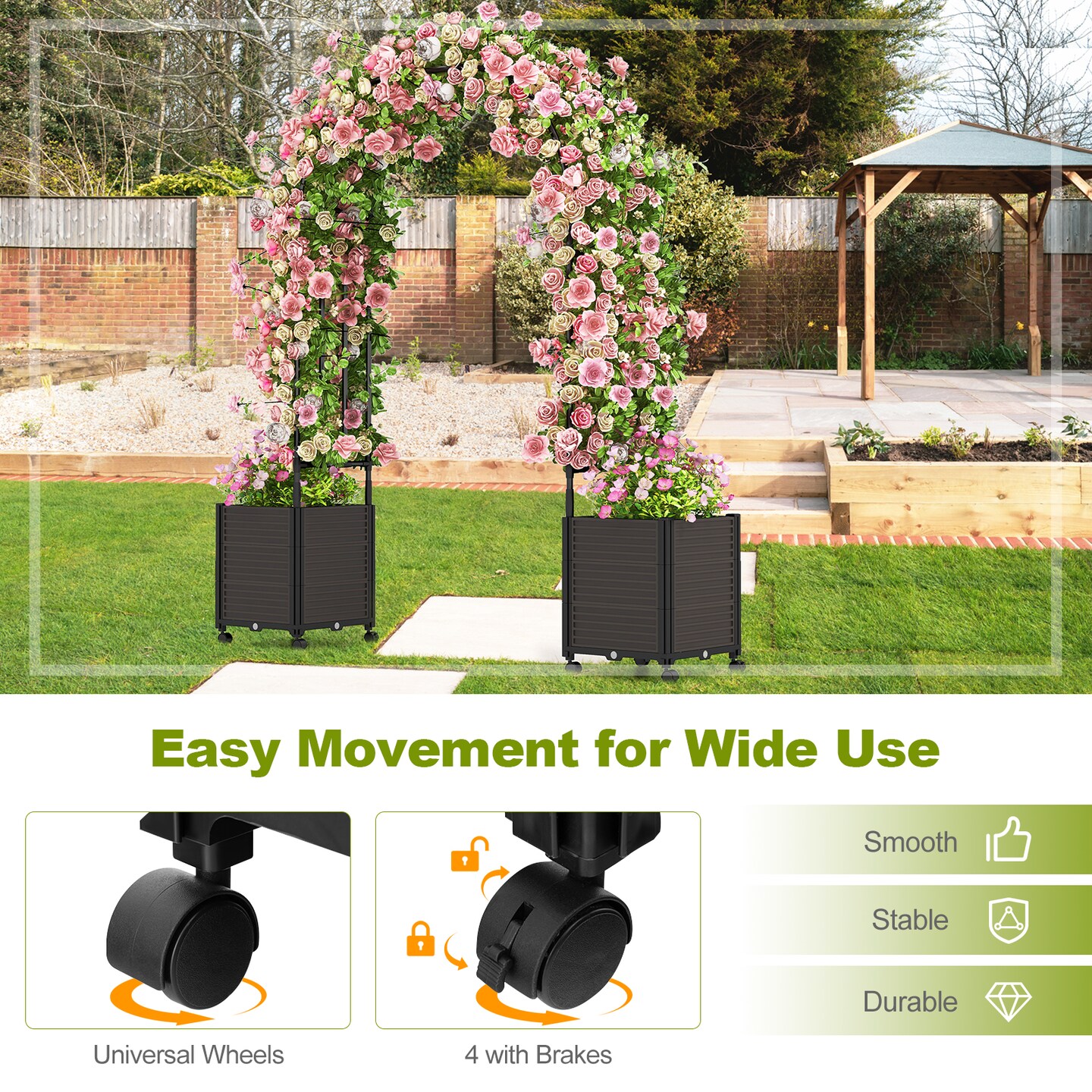6.6 Feet Arch Arbor Trellis with 2 Planter Boxes &#x26; Detachable PE-Coated Metal Tubes-Black
