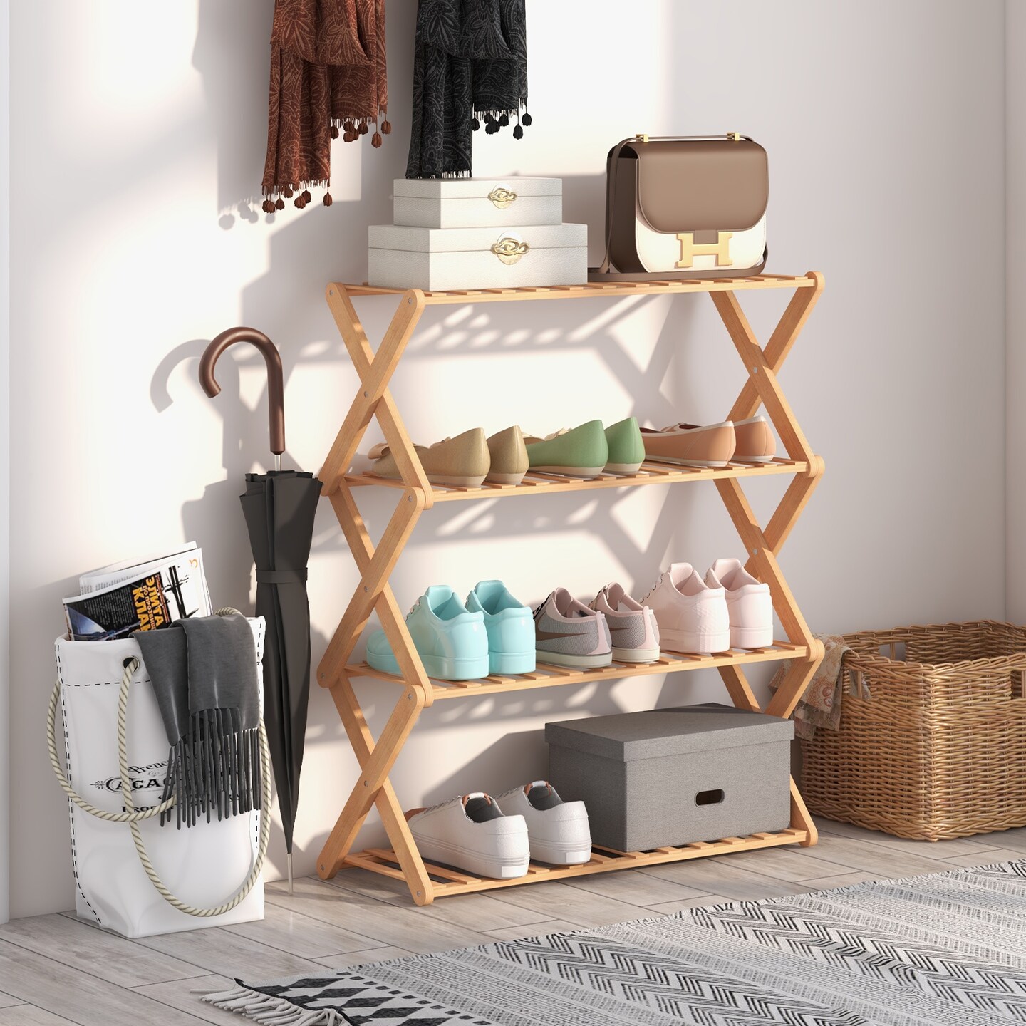 4-Tier Foldable Wicker Shoe Rack with Slatted Shelves - 27&#x22; x 10&#x22; x 32&#x22; (L x W x H)