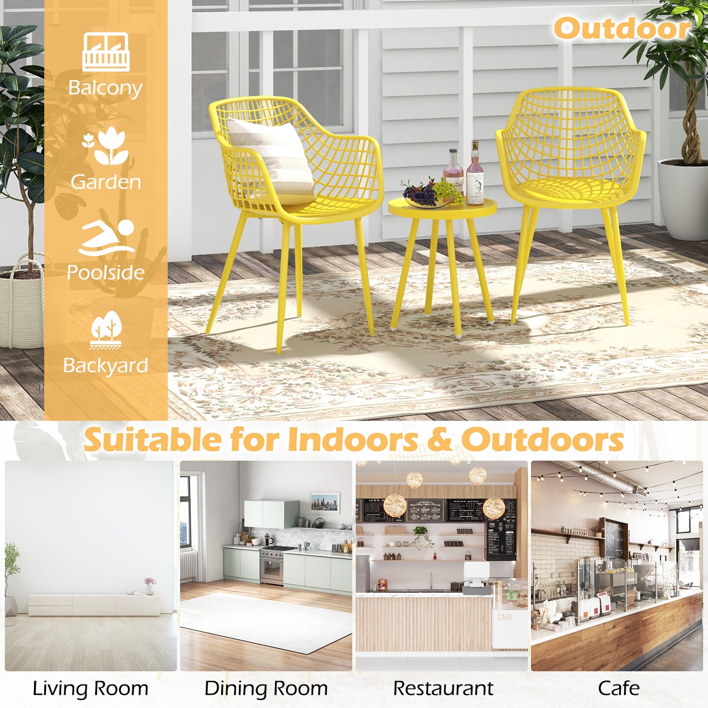 3 Piece Patio Chair Set with PP Seat and Tabletop for Porch - 21.5&#x22;x 23&#x22; x 34&#x22; (L x W x H)