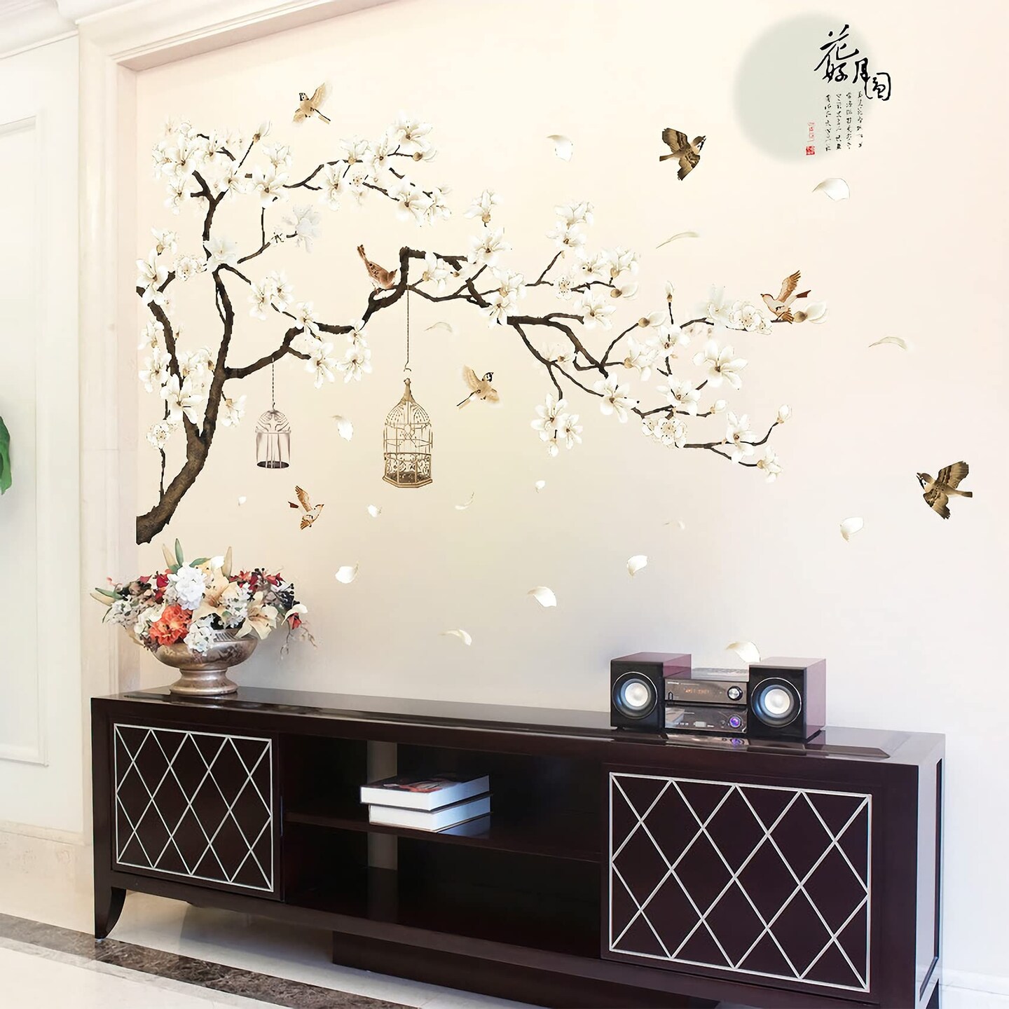 BWCXXZH Large White Flower Wall Stickers, 50&#x22;x74&#x22; Removable DIY Romantic Cherry Blossom Tree Wall Murals Peel and Stick 3D Wall Art Stickers Home Decor for Gilrs Bedroom Nursery Rooms Living Room