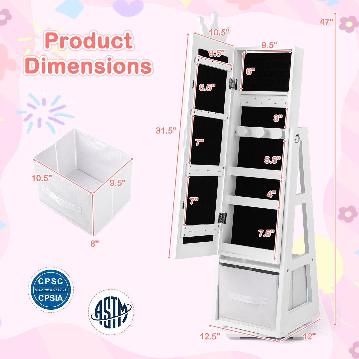 Kids Jewelry Armoire Cabinet with Large Storage Capacity and Swivel Base
