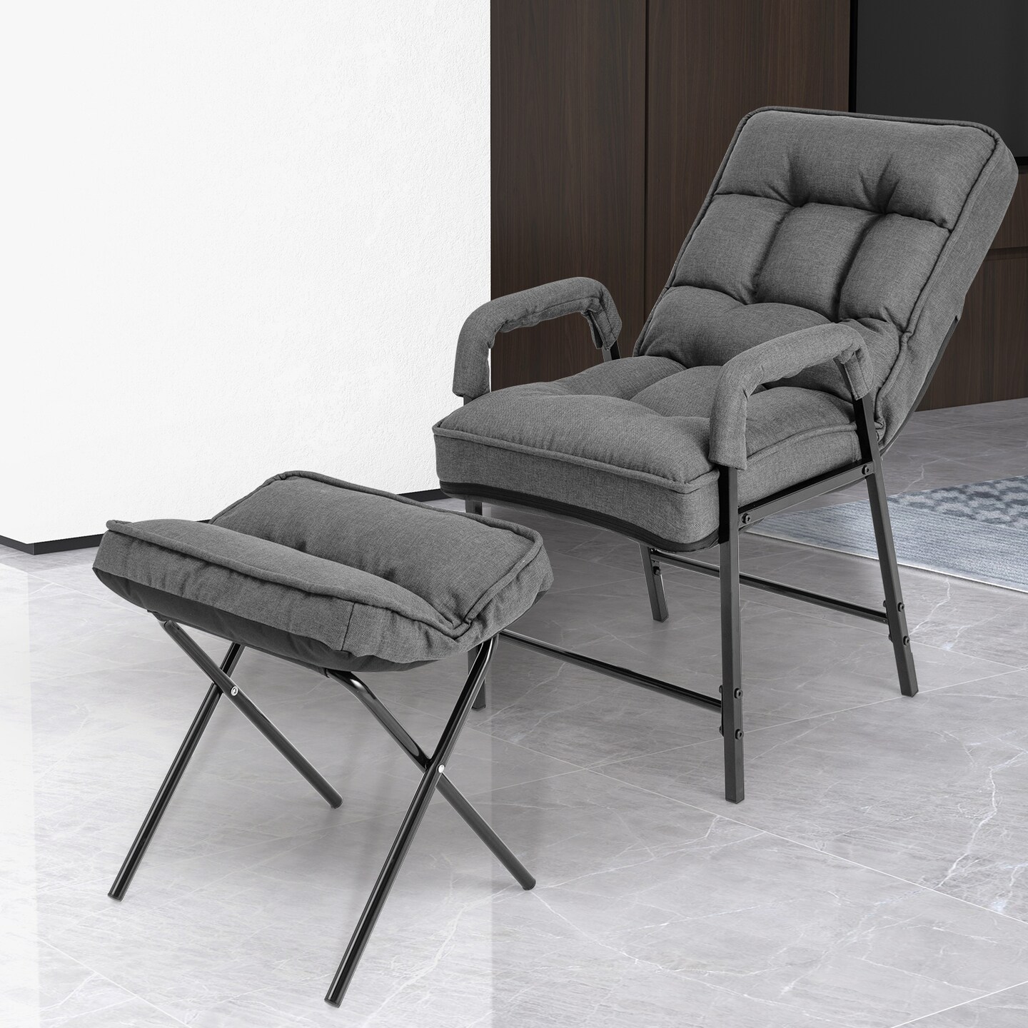 Linen Fabric Modern Accent Chair with Ottoman and Adjustable Backrest