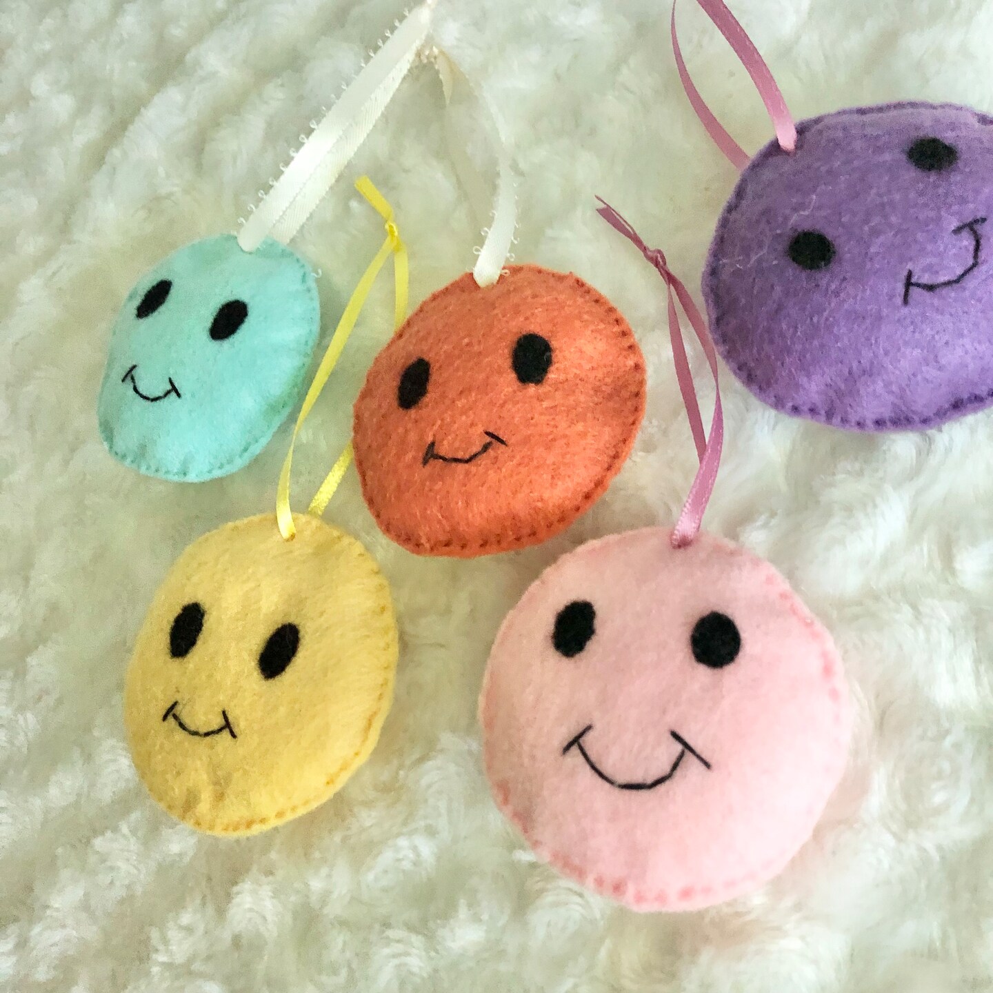 Retro Happy Face Ornaments- Handsewn, Felt, Colorful, Cute Smiling