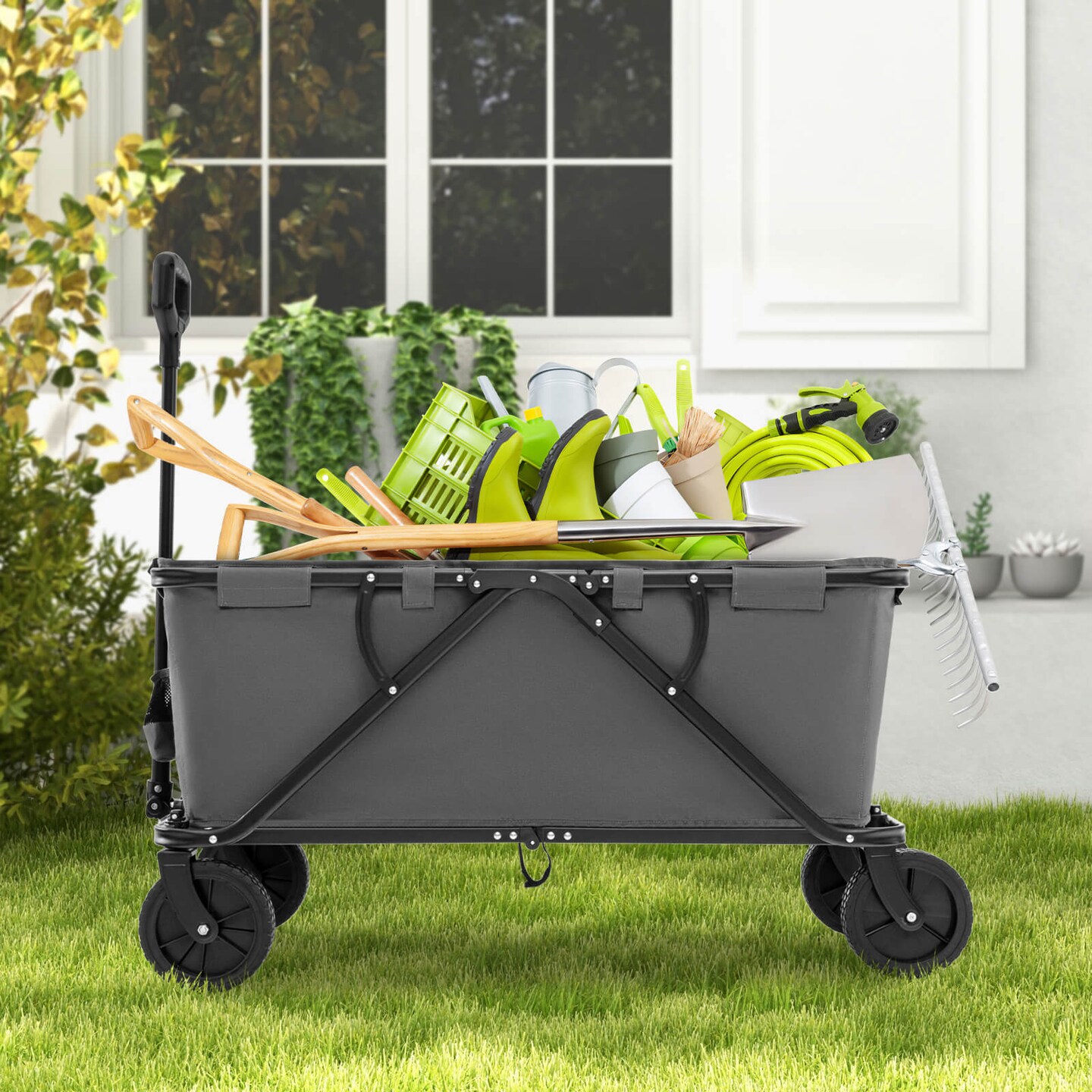 Costway Heavy-Duty Wagon Cart with Adjustable Handlebar Bottle Holders &#x26; Storage Pocket Coffee/Grey