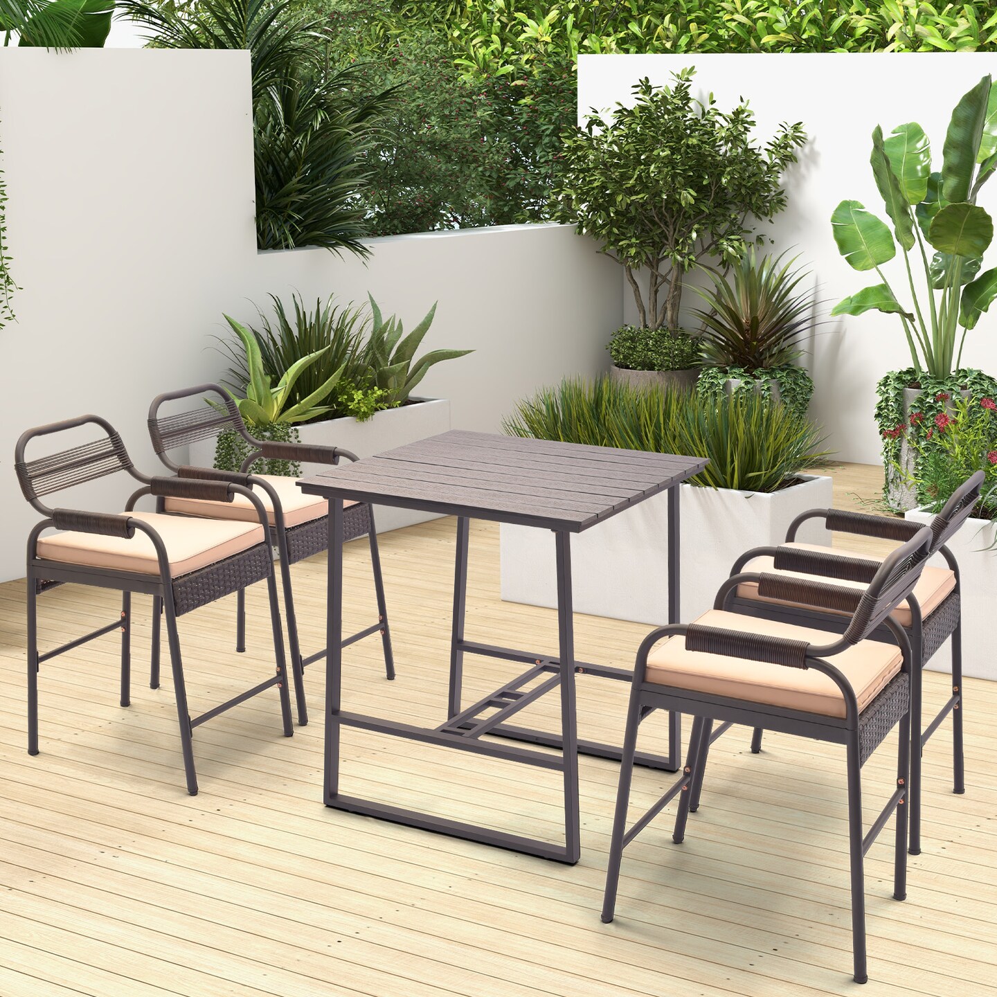 5 Piece Patio Bar Set PE Rattan Counter Table Set With 4 Stools Outdoor Furniture Mix Brown