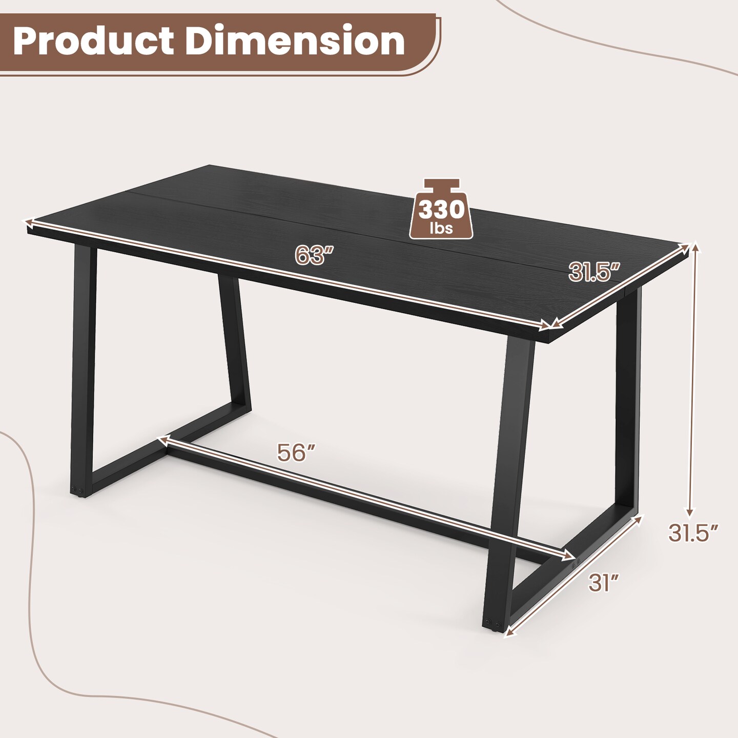 Large Dining Table with Heavy-duty Metal Frame and Anti-slip Foot Pads - 63" x 31.5" x 31.5"