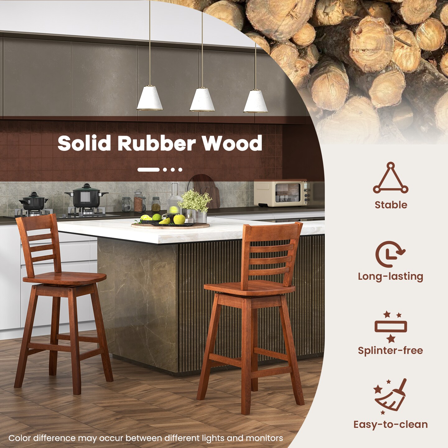 Set of 2 Counter Height Barstools with Footrest for Kitchen Island Bar - 18" x 16" x 38"