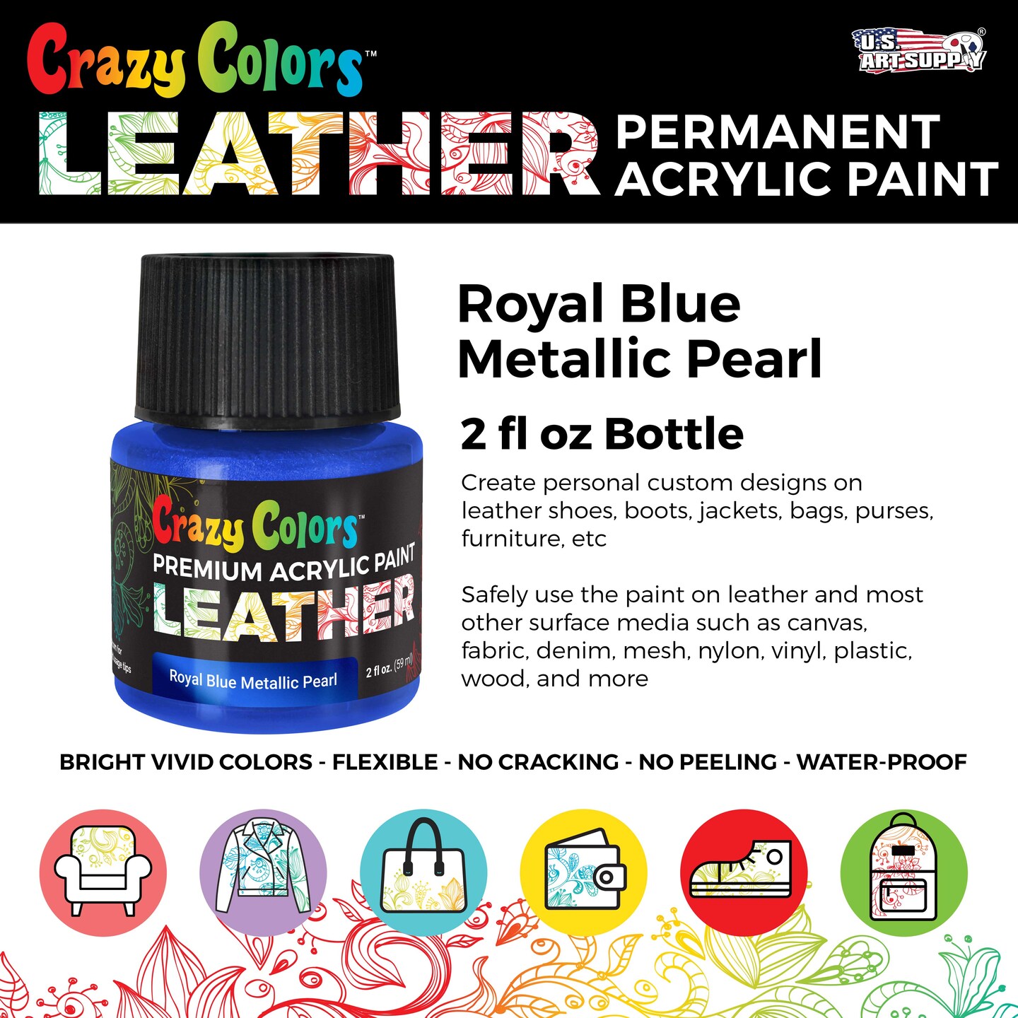 Royal Blue Metallic Pearl Premium Acrylic Leather and Shoe Paint, 2 oz Bottle - Flexible, Crack, Scratch, Peel Resistant - Artist Create Custom Sneakers, Jackets, Bags, Purses