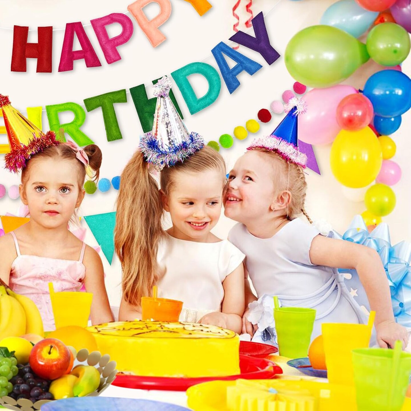 Pre-Strung 3D Happy Birthday Banner, 3 PCS Rainbow Happy Birthday Felt Garland, Pom Pom Garland, Triangle Fabric Garland Bunting, Reusable Rainbow Birthday Decorations