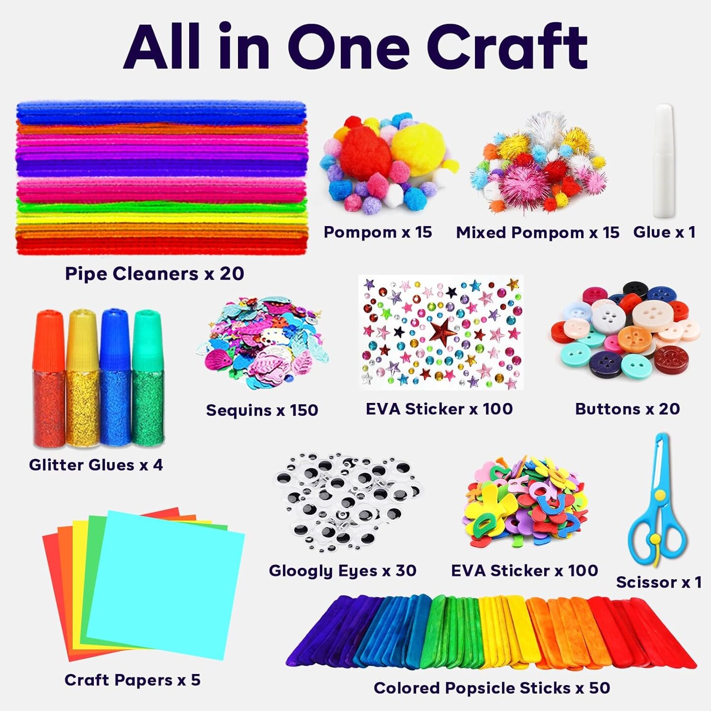 Arts and Crafts Supplies for Kids - Craft Kit with Glitter Glue Stick, Pipe Cleaners Craft and Craft Tools, DIY School Supplies Kit, Girls Toys, Gifts for Girls and Boys Ages 4+