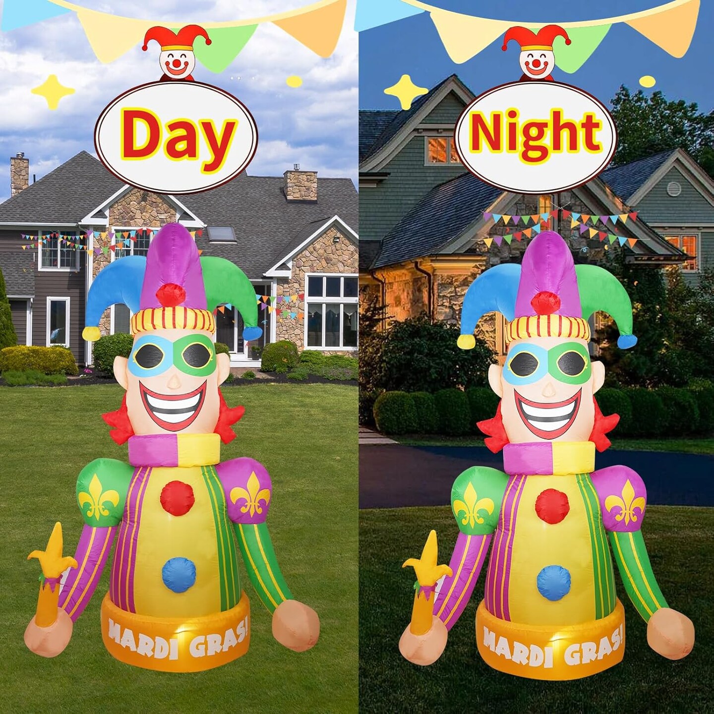 [2025 New] 8FT Huge Clown Inflatable, Mardi Gras Inflatable Decoration Decorations, Build-in LED Lights,Mardi Gras Blow up Outdoor Yard Decorations for Party, Indoor Home Celebration Garden Lawn