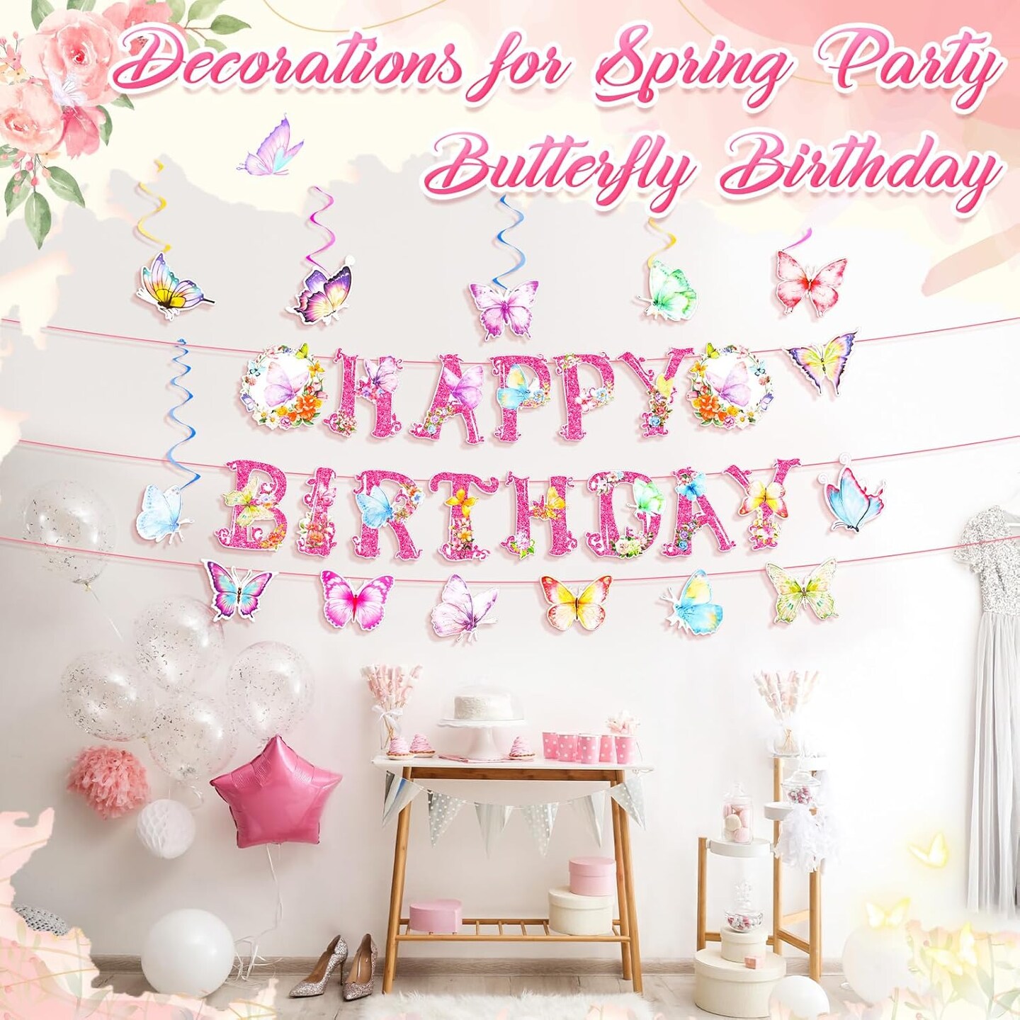27 Pcs Butterfly Birthday Decorations for Spring Party, Butterfly Hanging Swirl Decoration