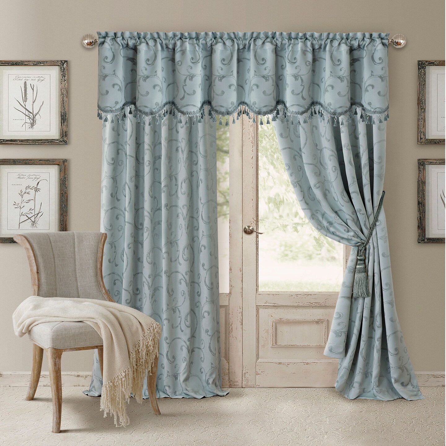 Threadmade Home Mia Jacquard Scroll Blackout Window Curtain, Blue - 52"W x 95"L