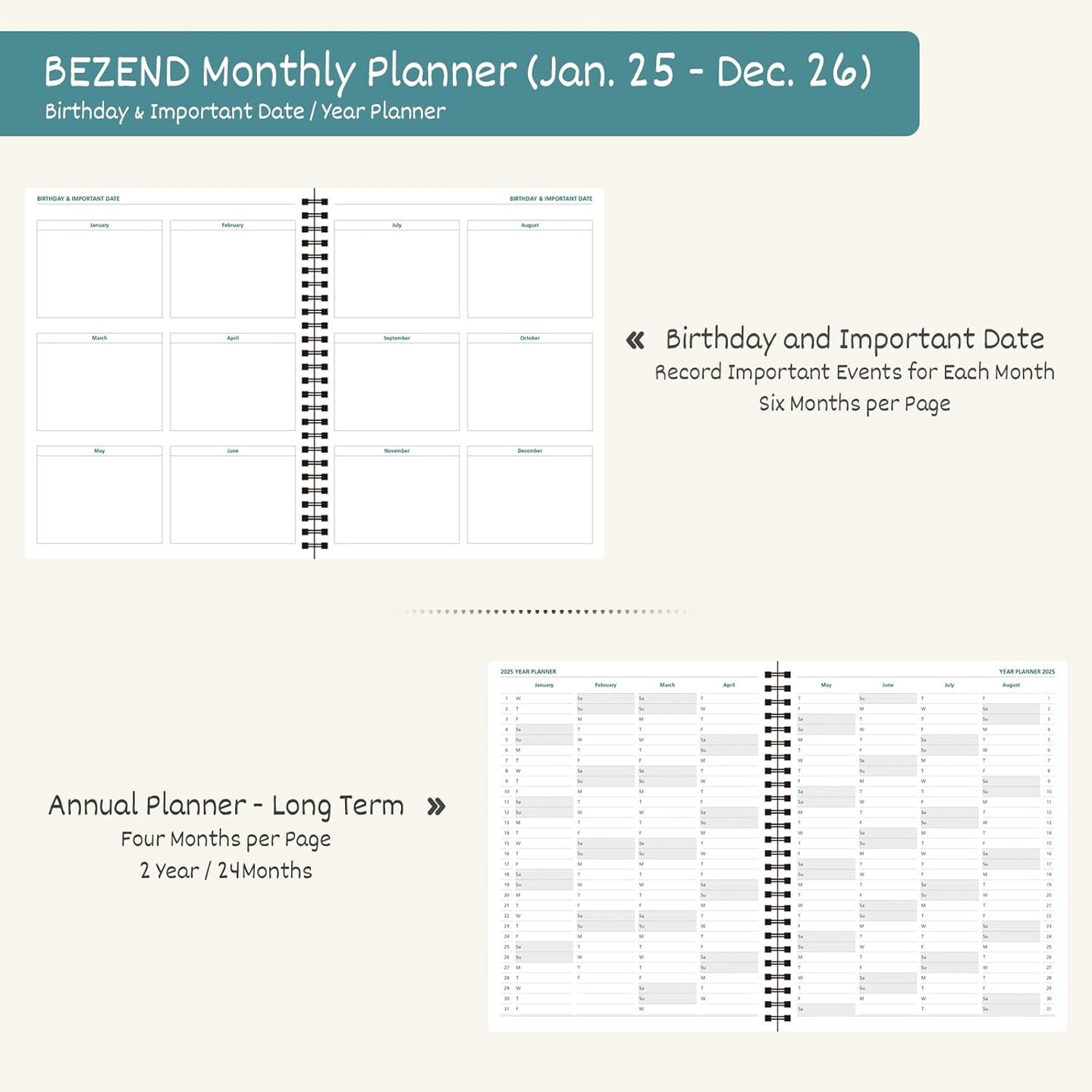 2 Year Monthly Planner 2025-2026 Medium Size 7&#x22; x 9&#x22; (Jan 2025 - Dec 2026) Spiral Calendar Book with Tabs, 120 GSM Thick Paper, Storage Pockets &#x26; Notes, PU Leather Softcover in Lavender