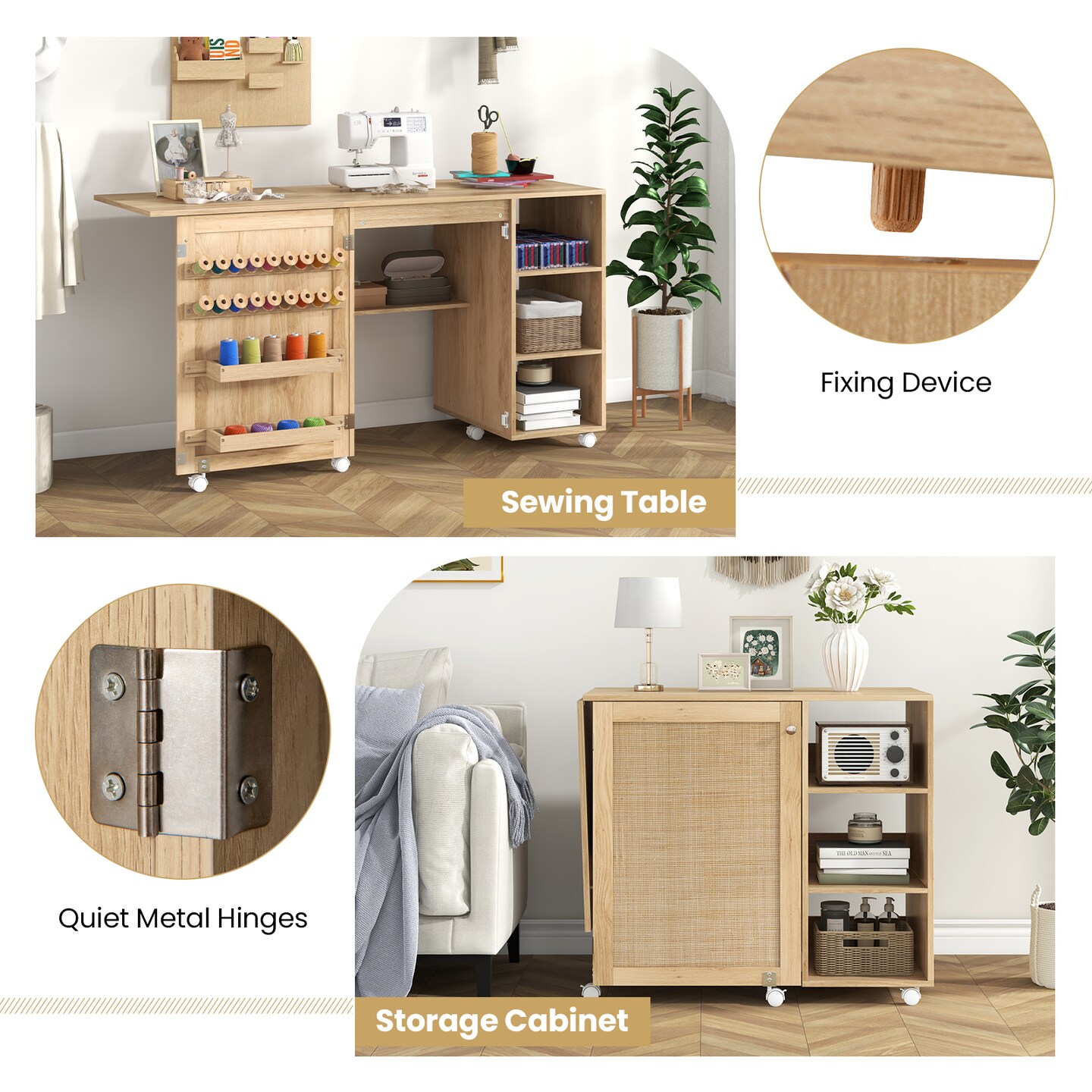 Natural Multipurpose Folding Sewing Table Craft Station with Rattan Door