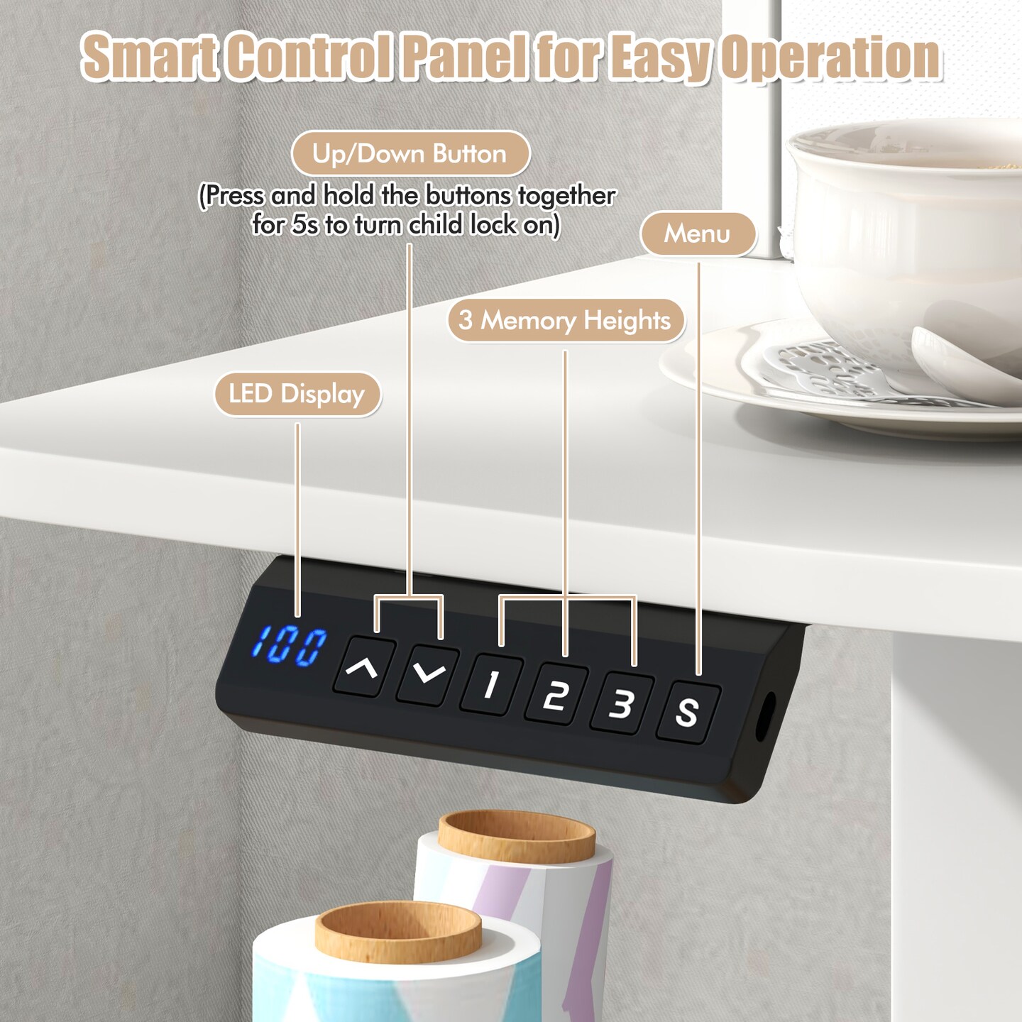 White Height Adjustable Electric Standing Desk with 2 Fabric Drawers