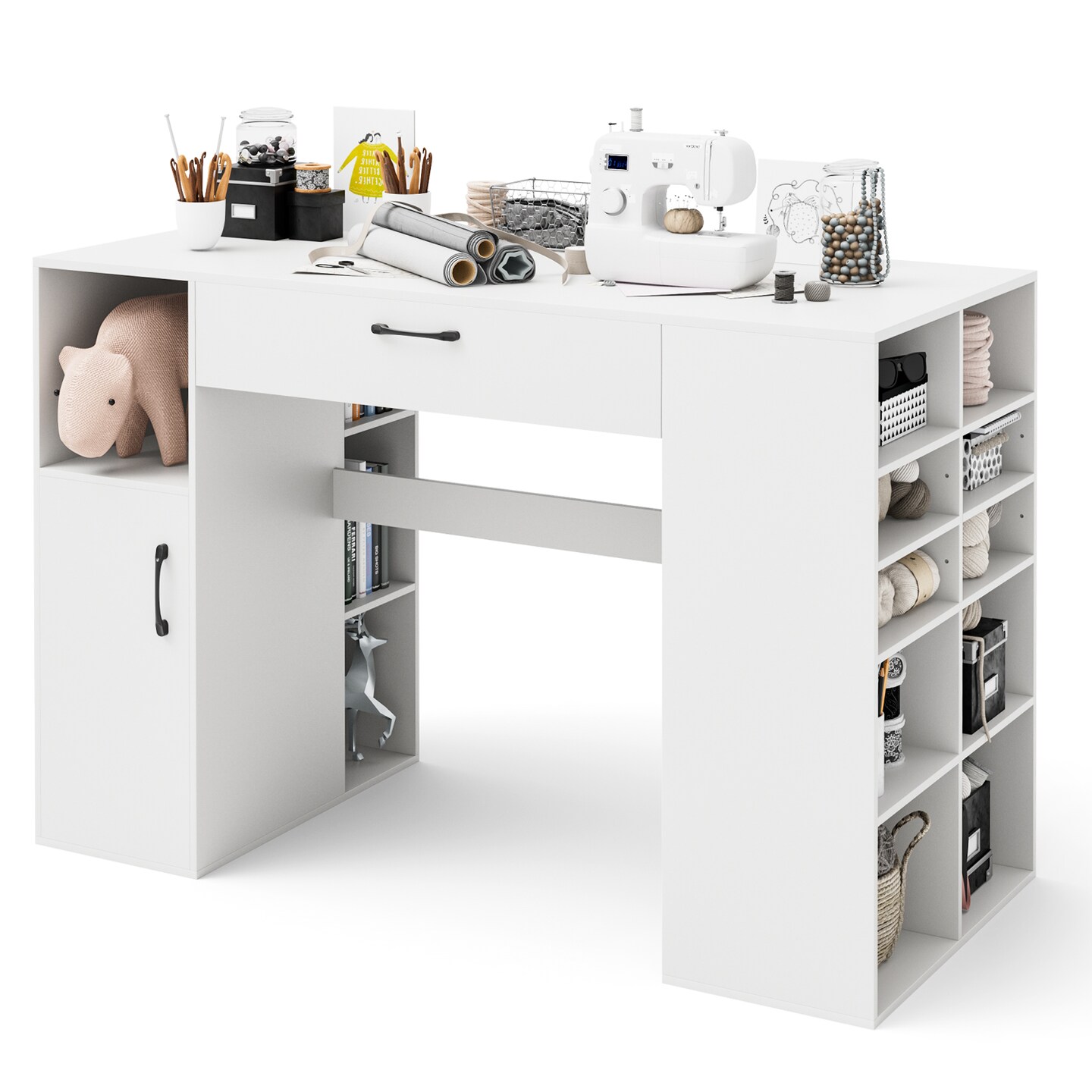 White Counter Height Sewing Craft Table, Computer Desk with Adjustable Shelves and Drawer
