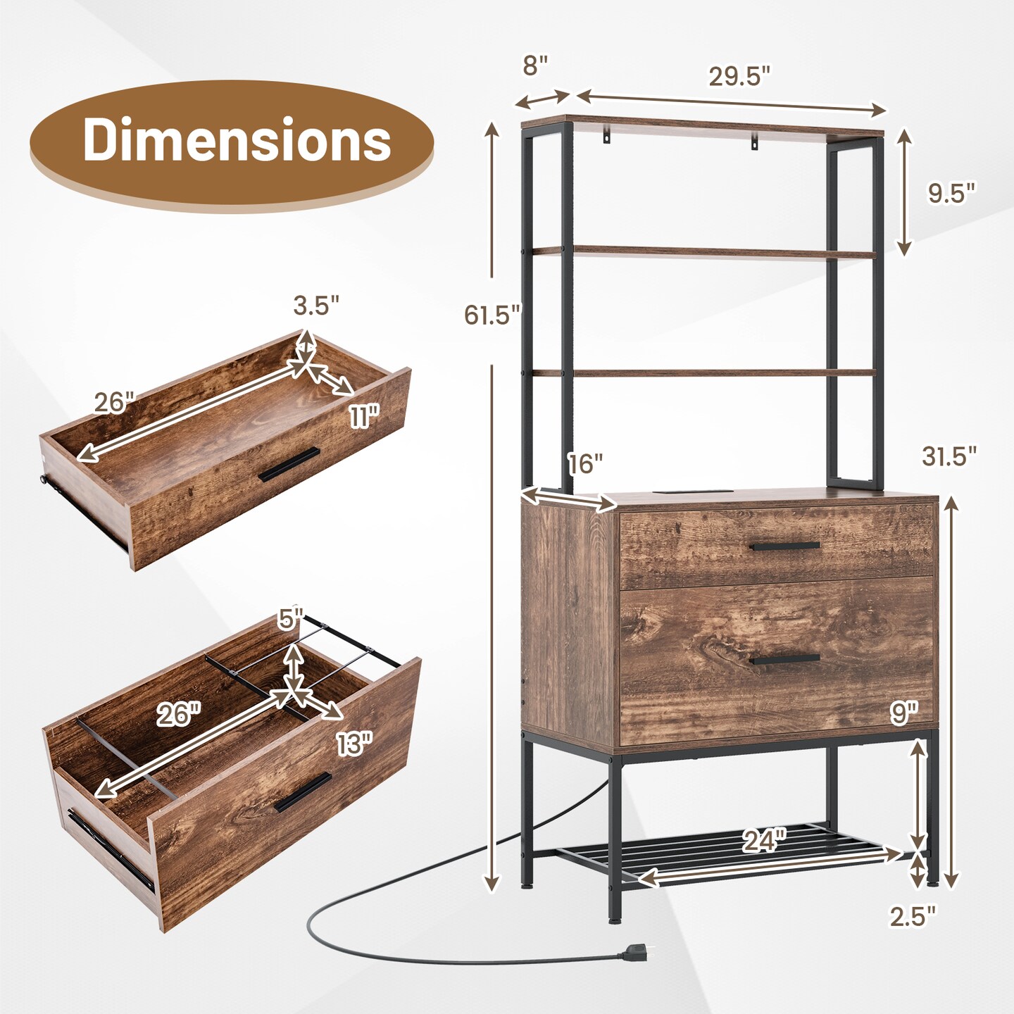 Rustic Brown Freestanding File Cabinet with Charging Station and 3-Tier Open Shelves