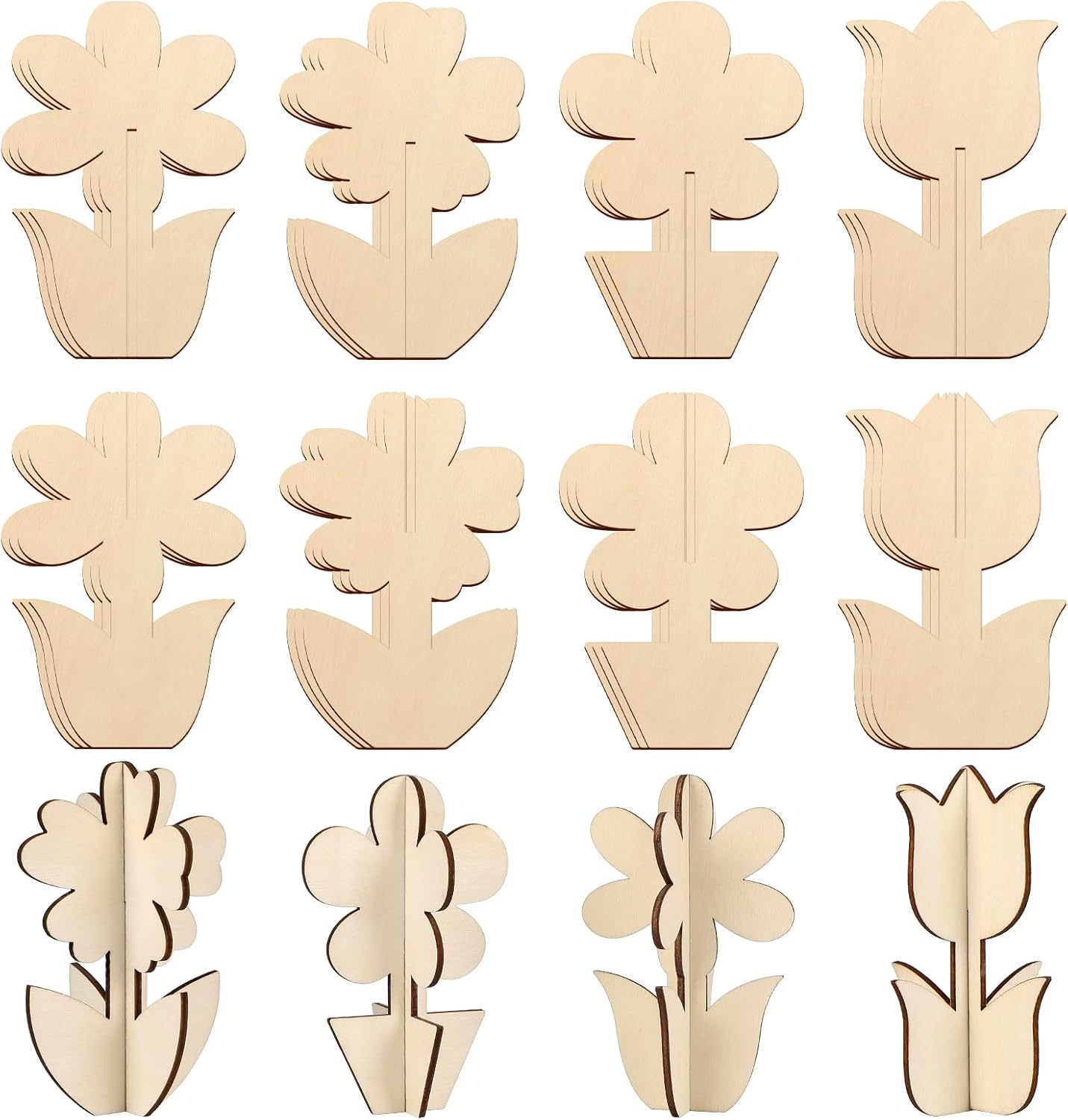 DIY 3D Flower Spring Wood Crafts to Paint for Kids Adults, Paintable Unfinished Wooden Slices for Craft, Flowers Cutouts Ornaments for Painting Decorations (24 PCS)