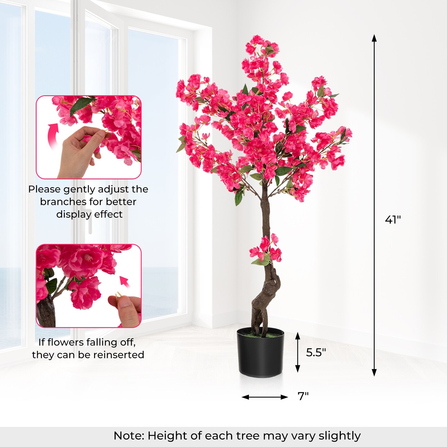 2 Pack 41 Inch Artificial Plum Blossom Tree Fake Floral Plant with 92 Flowers-Red