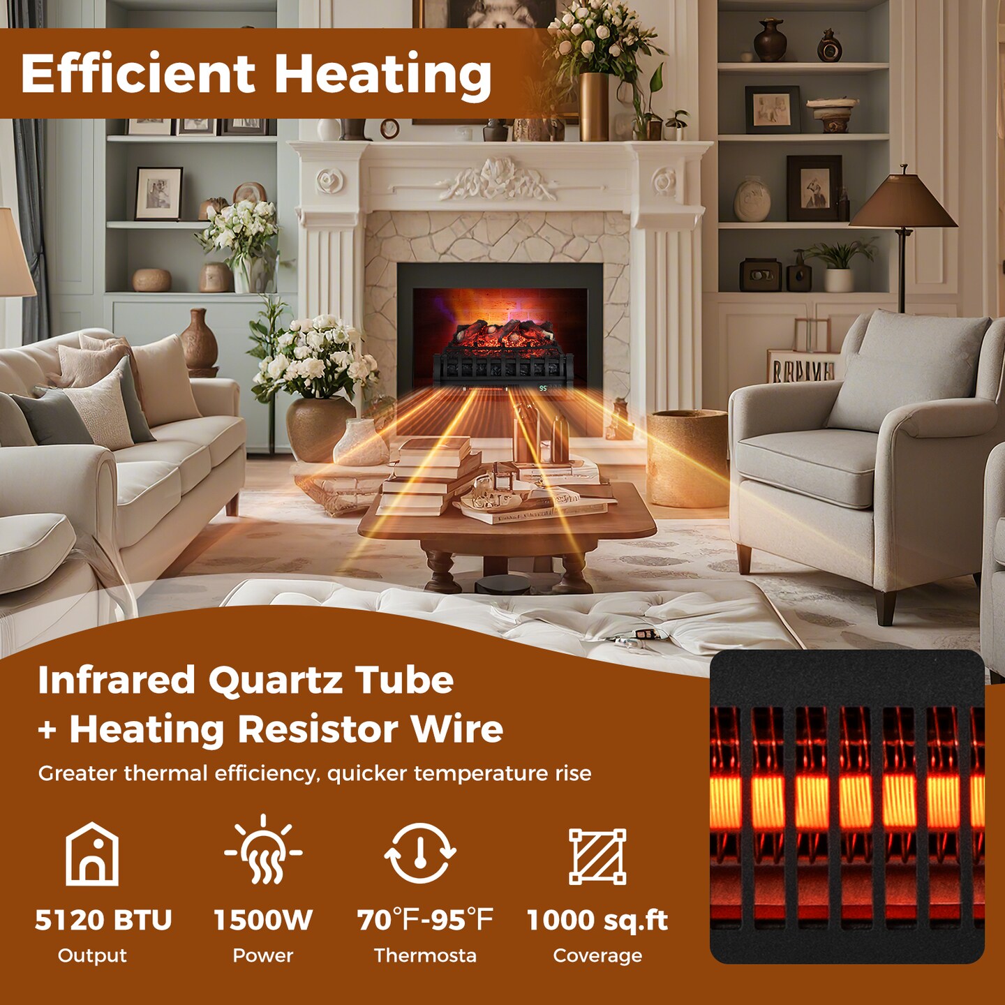 Black Infrared Quartz Electric Fireplace with Adjustable 3D Flame Colors and Overheat Protection