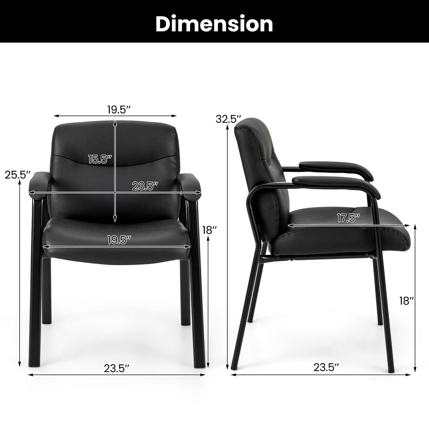 Set of 2 Black Waiting Room Chair with Metal Tubes and Reinforced Bolt Connection
