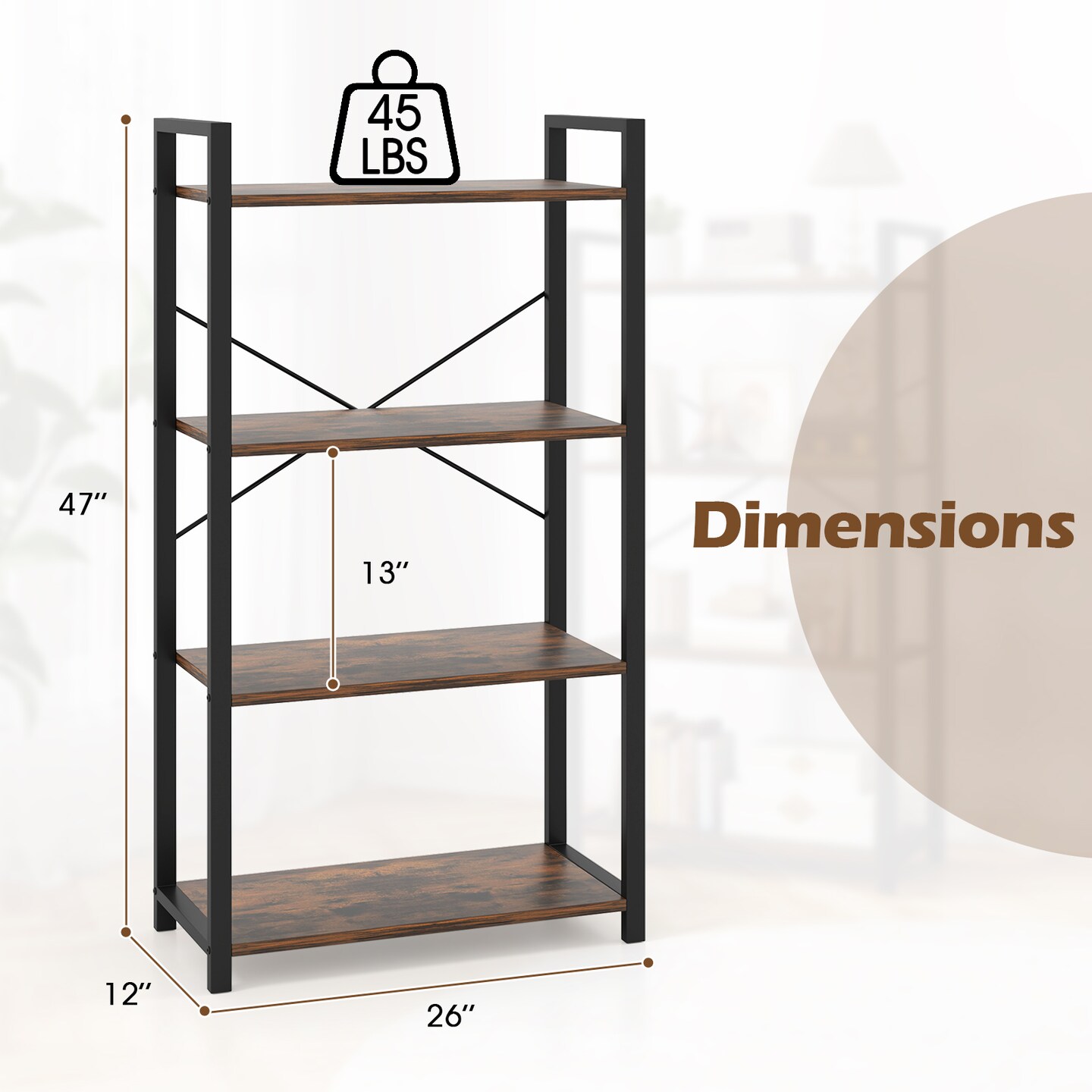 Rustic Brown 4-Tier Bookshelf with Heavy Duty Metal Frame Perfect for Any Room