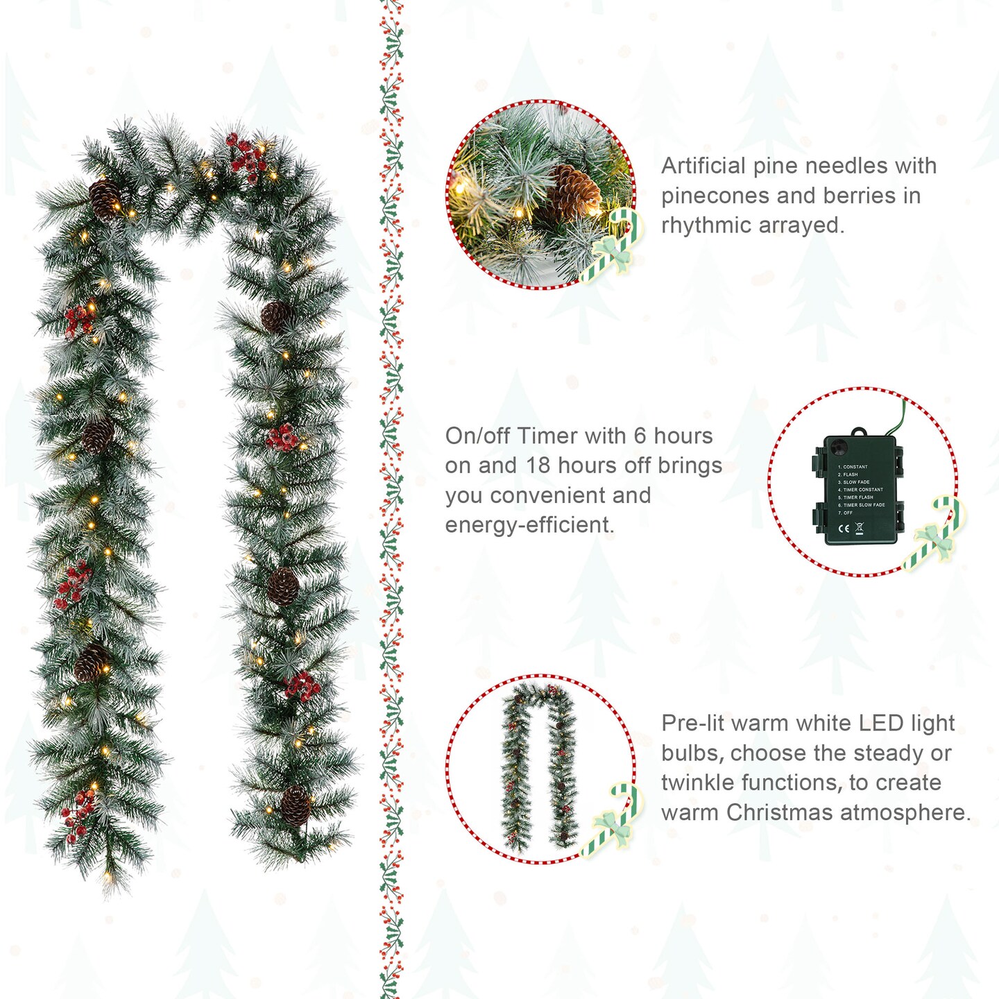 Set of 2 9ft Pre-Lit Christmas Garlands, with Warm White LED Lights with Timer, Three Function