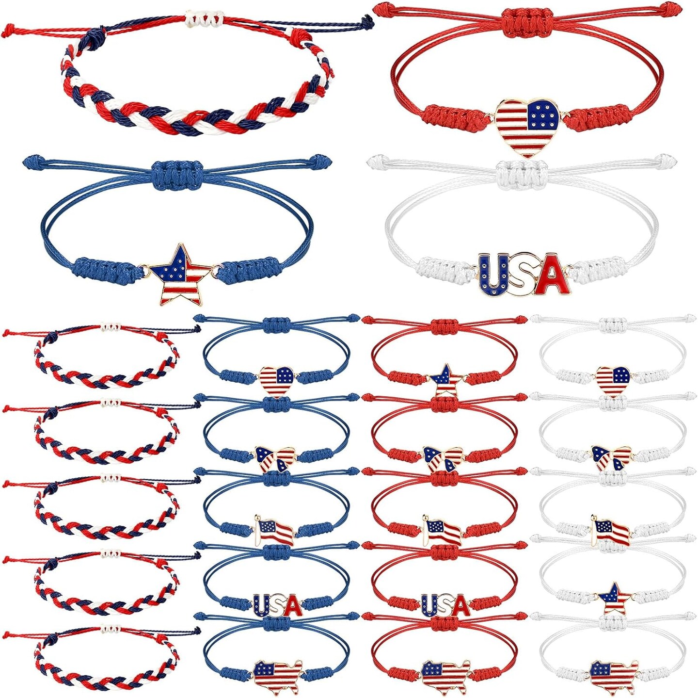 24 Pcs 4th of July Bracelets Red White and Blue USA Star American Flag String Woven Bracelets Bulk decorations for Patriotic Independence Day Party Favors