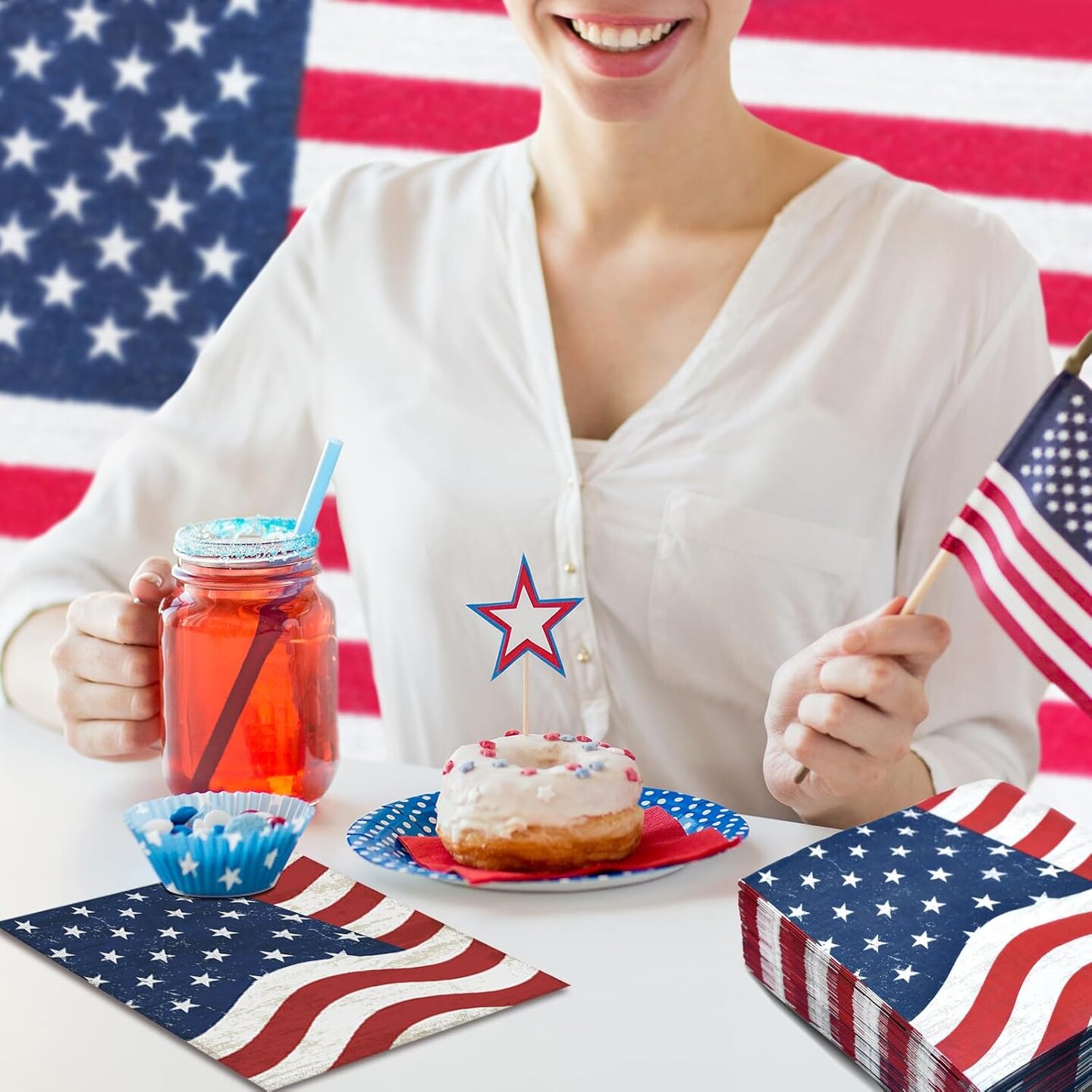 50 Pcs American Flag Patriotic Party Napkins, 4th of July Disposable 3-Ply Cocktail Paper Napkins, Red White and Blue Luncheon Napkins for Veterans Day Independence Day Memorial Day Party Decorations