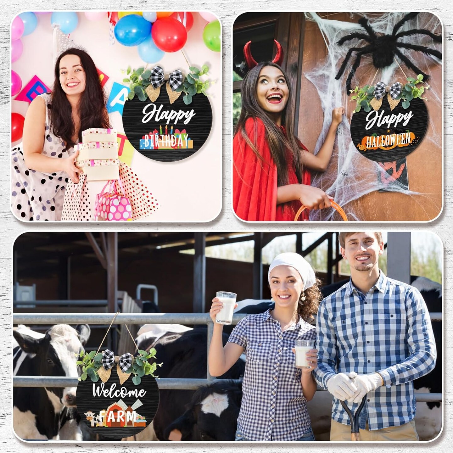 Interchangeable Wooden Seasonal Hello Sign Rustic Round Seasonal Wreaths