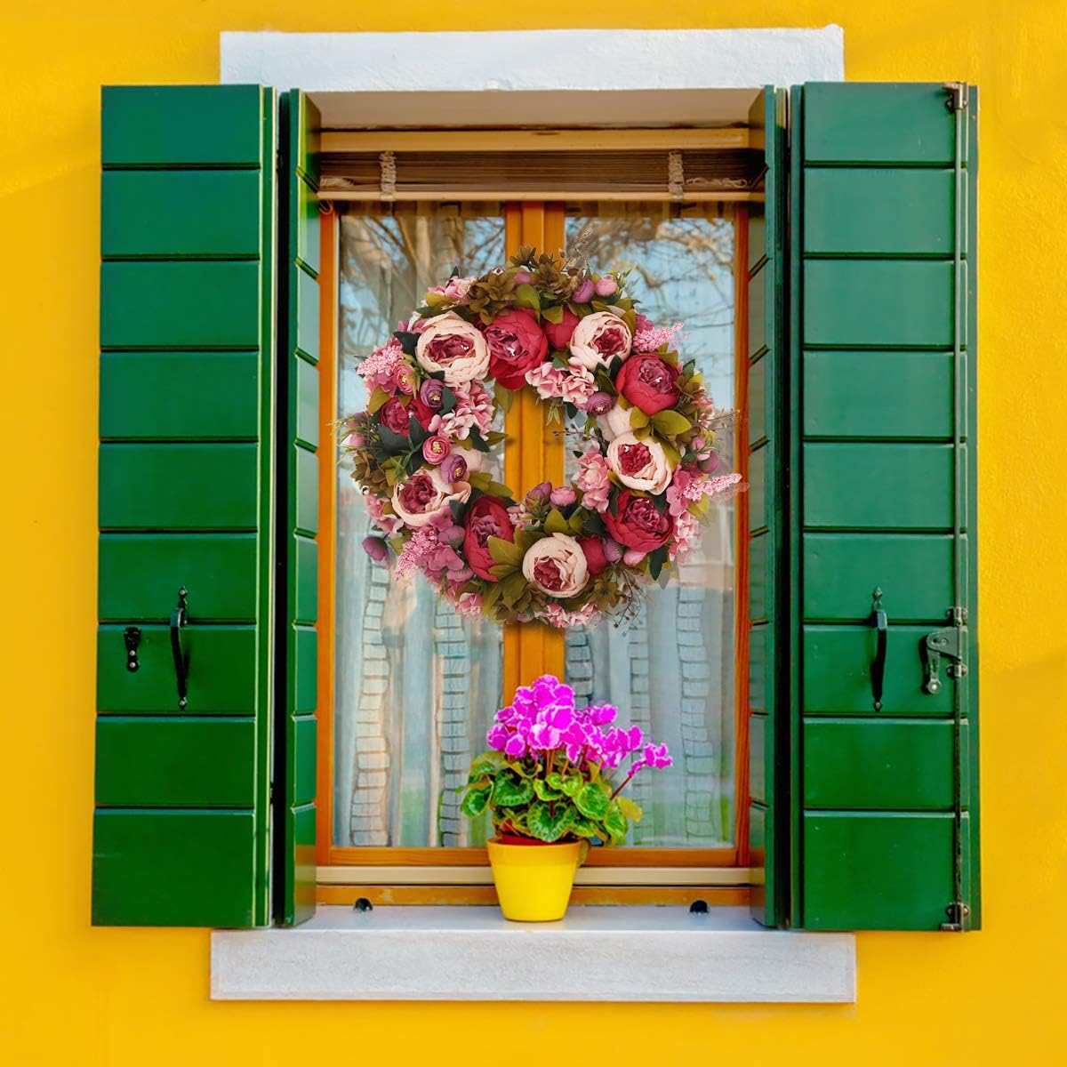 Artificial Peony Flower Wreath 19Inch Vintage Blooming Silk Peonies Spring