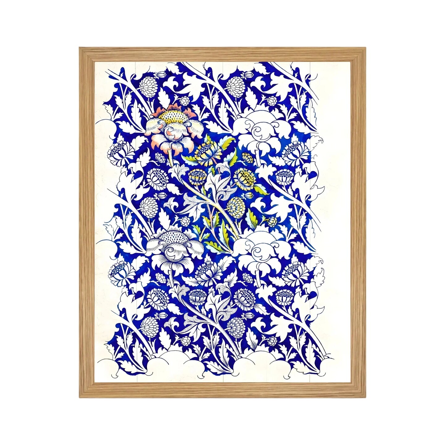 Large Framed Corporate Office Decor Wall Art Canvas 40x60 Inch - William Morris - Blue Pattern White