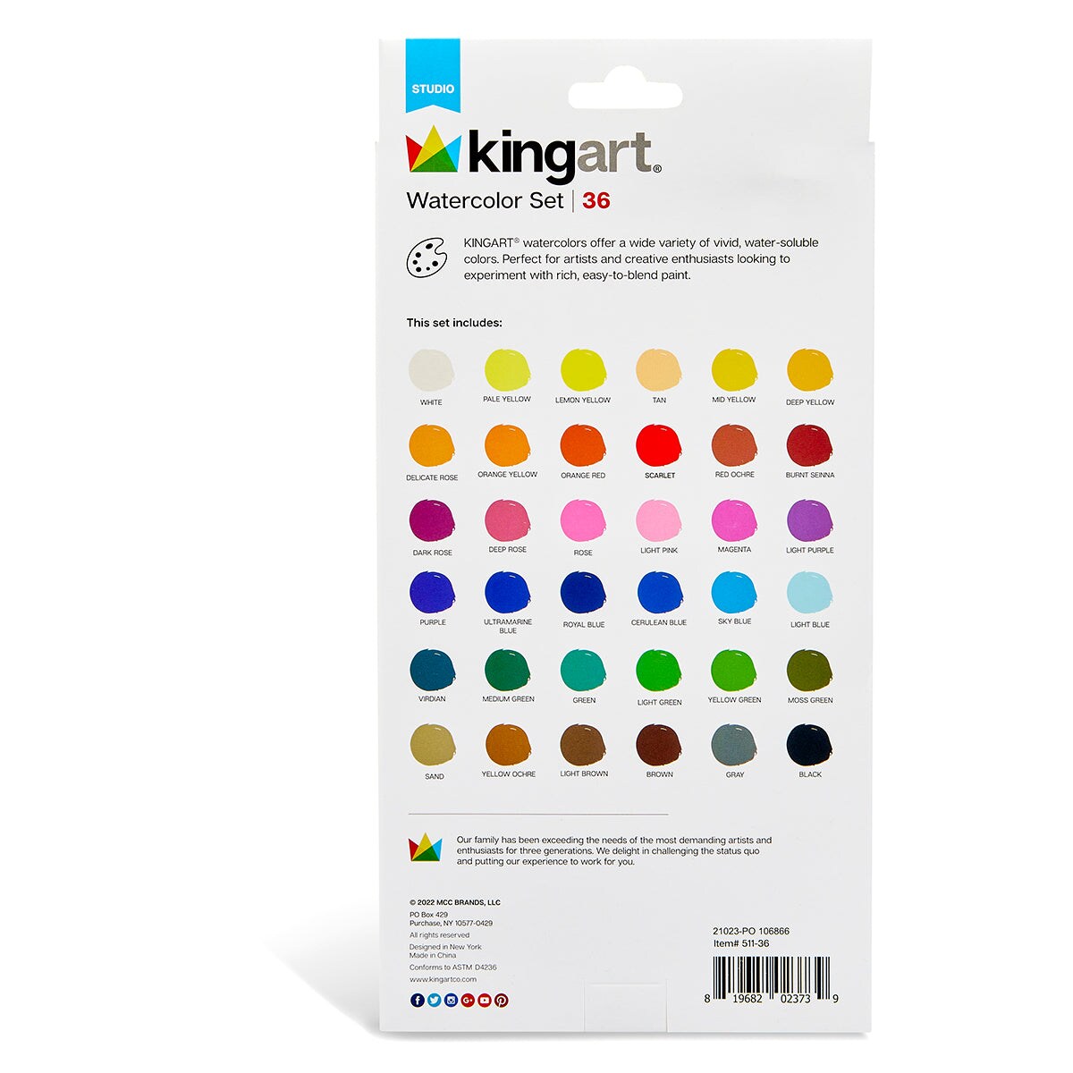 KINGART&#xAE; Watercolor Pan Set, 36 Unique Colors &#x26; Paint Brush