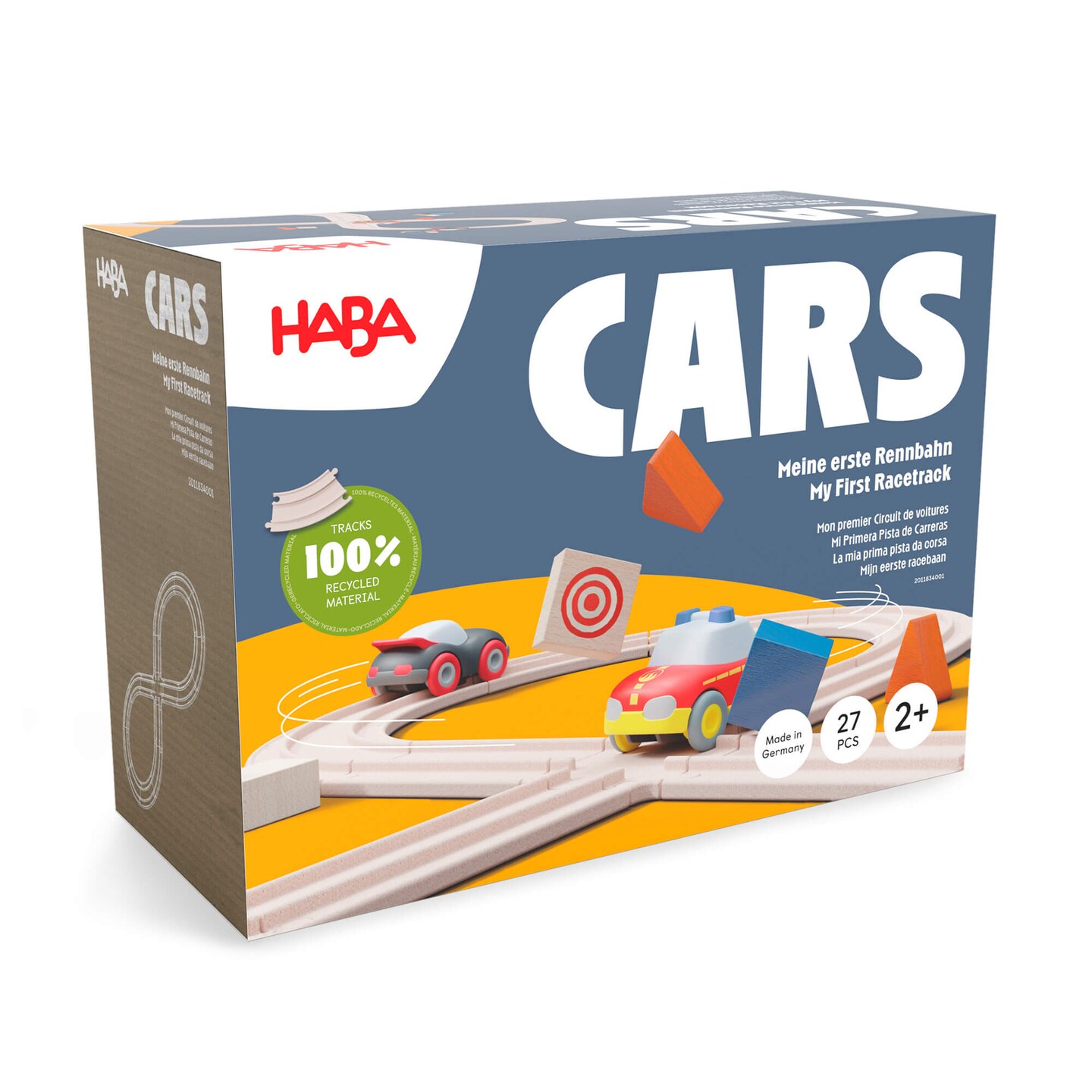 HABA Cars - My First Racetrack, 27 Piece Sustainable Kids&#x27; Race Track Set, Battery-Free Push and Go Cars, Ideal STEM Toys for Toddlers Ages 2+