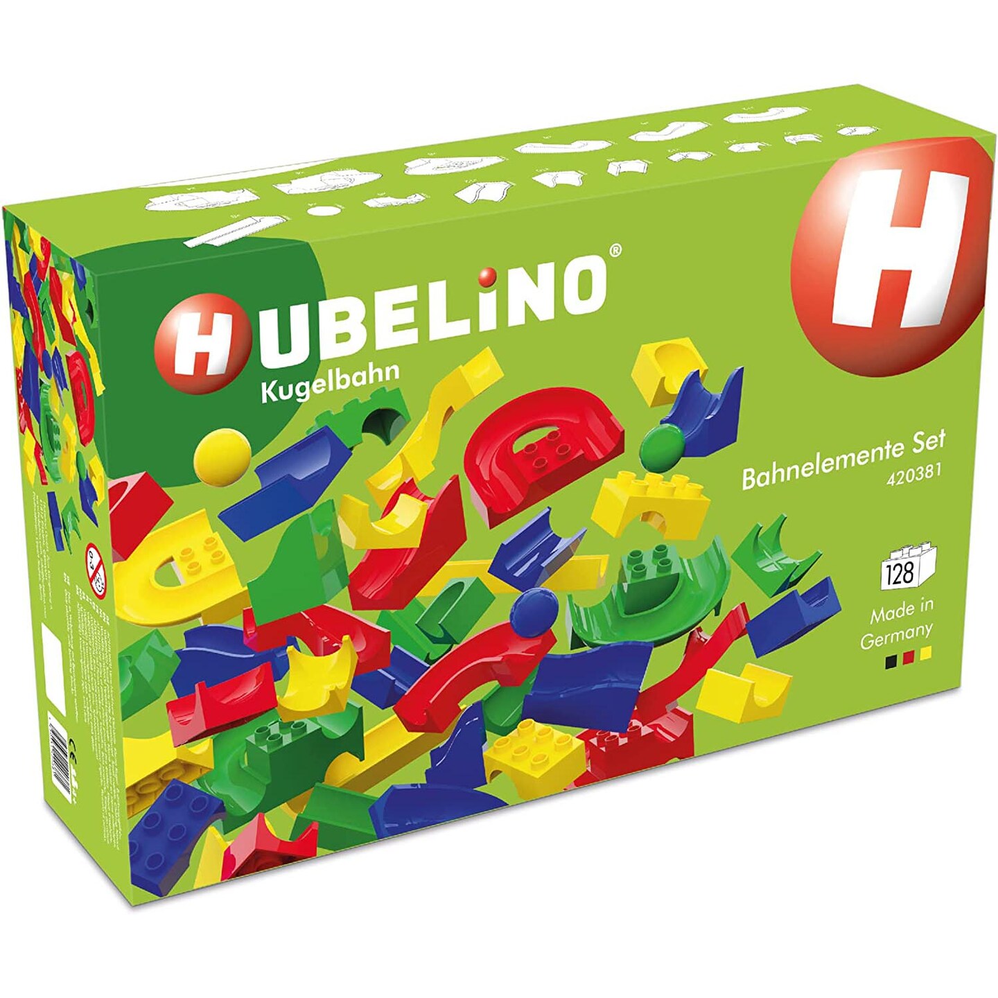 Hubelino 128 Piece Marble Run Toy - Compatible with Building Blocks - STEM Toy for Kids Ages 4+, Made in Germany, 124 Run Elements &#x26; 4 Marbles