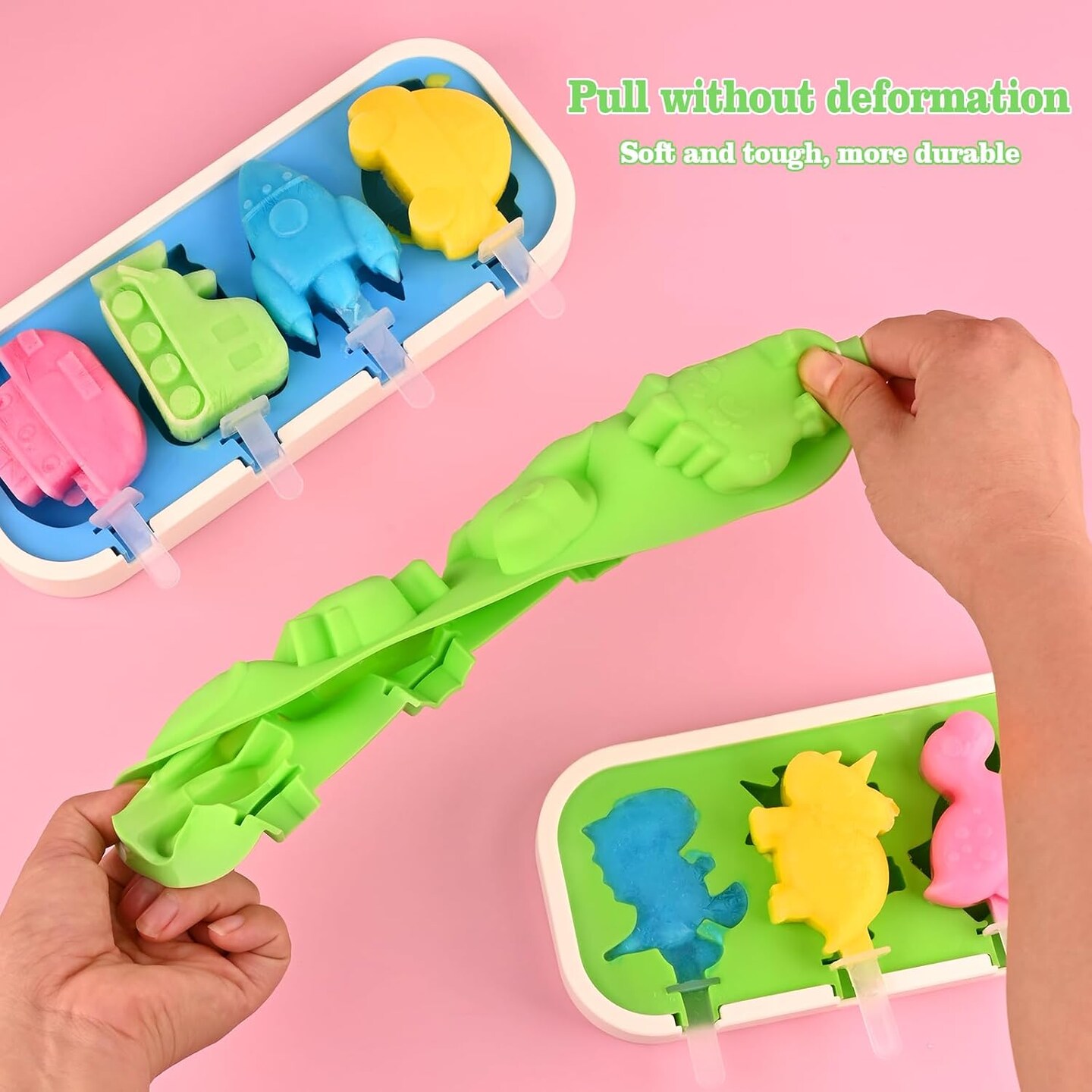 2 Pack Silicone Popsicle Molds with Lid, 4-Cavity Mini Popsicle Molds for Kids - Cars, Ships, Train, Rocket and Dino Shapes (Green & Blue)