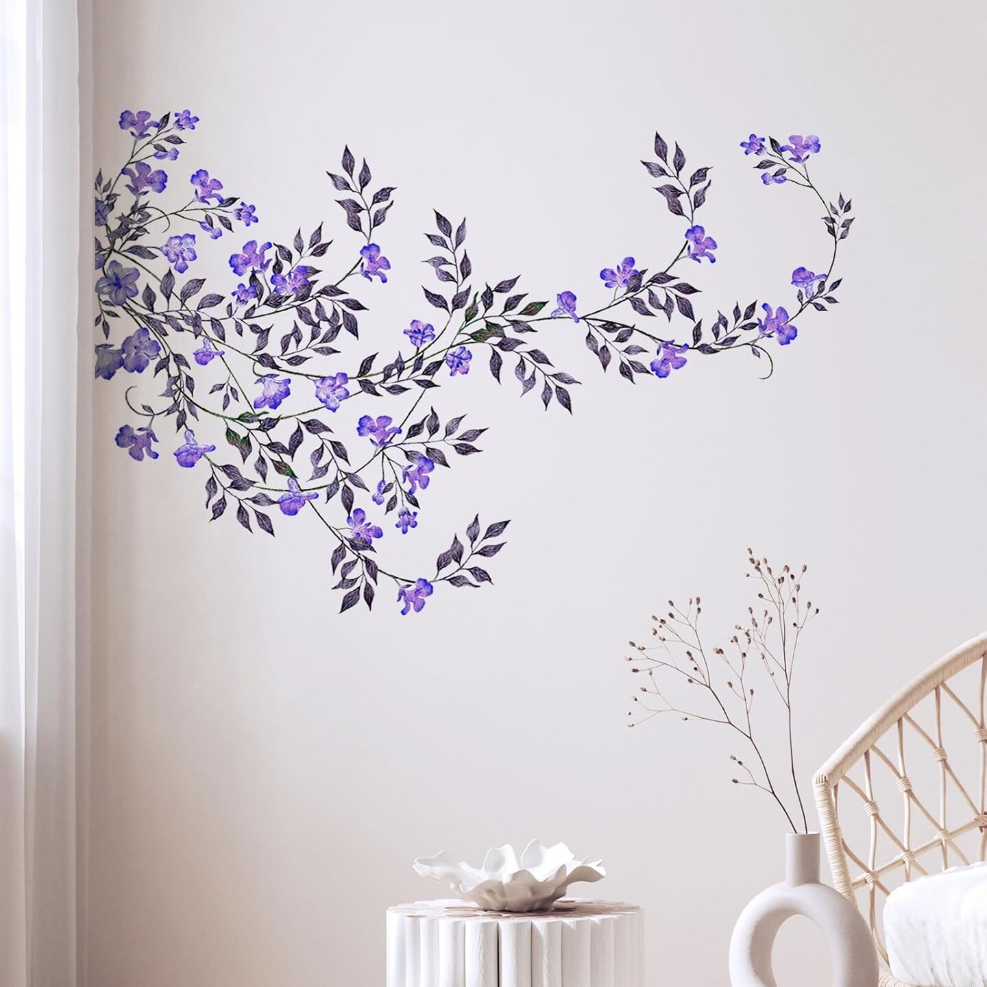 Purple Vine Flowers Wall Decal Hanging Vine Branch Floral Wall Stickers Self-Adhesive Wall Art