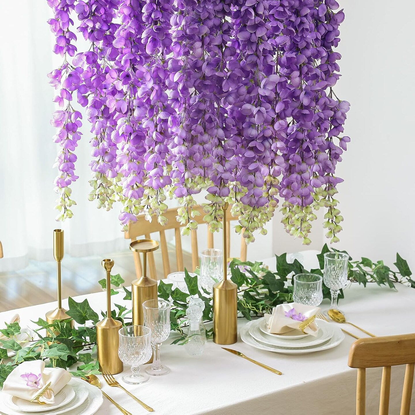 6Pcs Purple Wisteria Hanging Flowers 48&#x22; Silk Wisteria Artificial Flowers