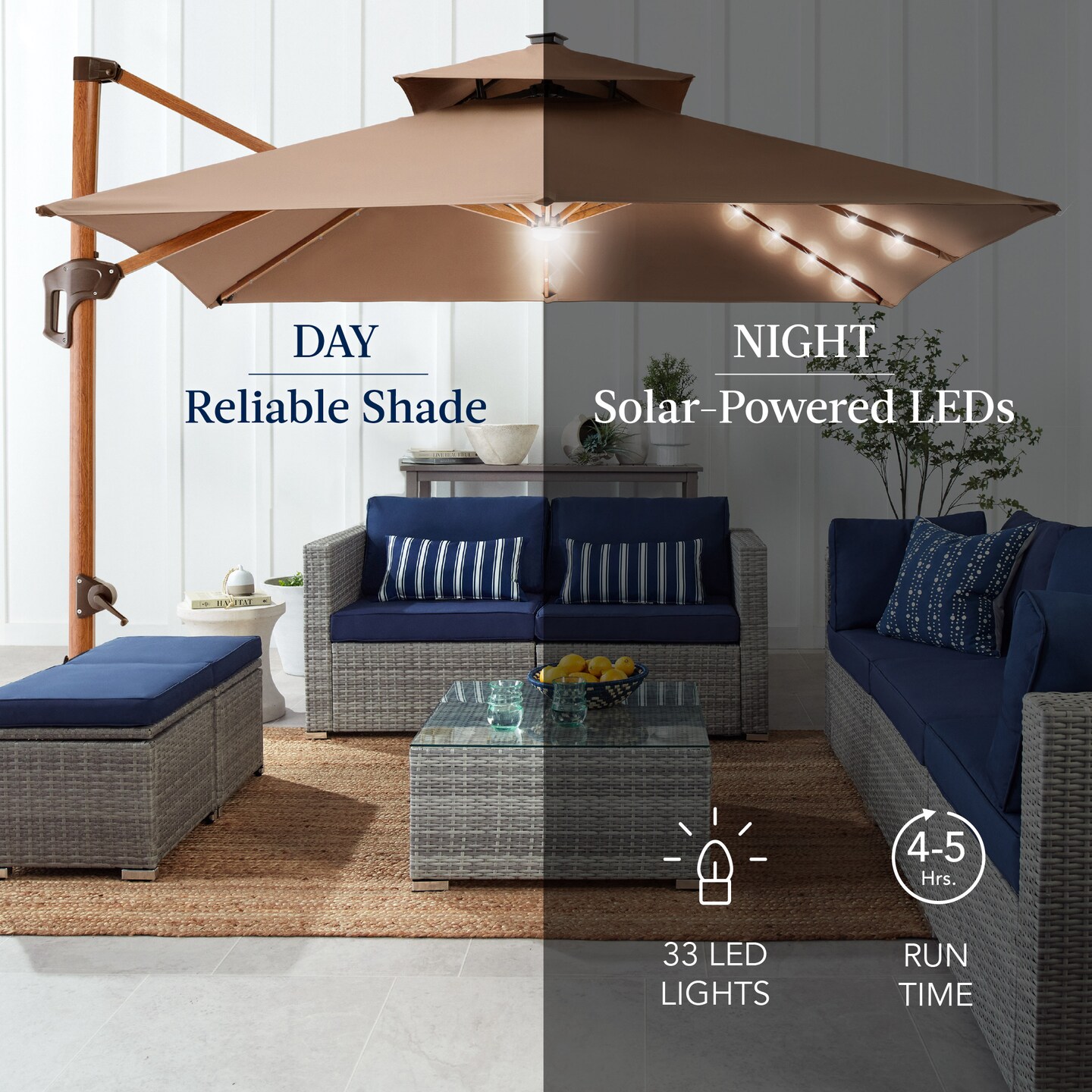 Best Choice Products 10ft Square Woodgrain Pattern 2-Tier Outdoor Solar LED Cantilever Umbrella w/ Base