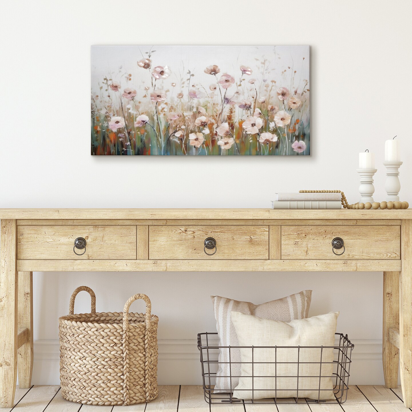 Americanflat Floral Canvas Wall Art Featuring Pink and Blush Wildflowers with Green, White and Beige Tones and Hand-Painted Accents - Gallery Wrap - Modern Wall Art