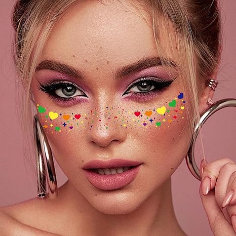 Glitter Freckles Rainbow Pride, 6-Pack Face Tattoo Sparkle Heart Freckles Makeup Patches for Face Rave Accessories (Pride Rainbow)