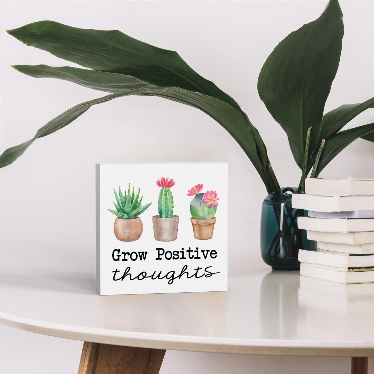 Spring Cactus &#x26; Succulent Decor - Spring Decorations for Home &#x26; Office Decor Grow Positive Thouguht Sign 5x5 Inch