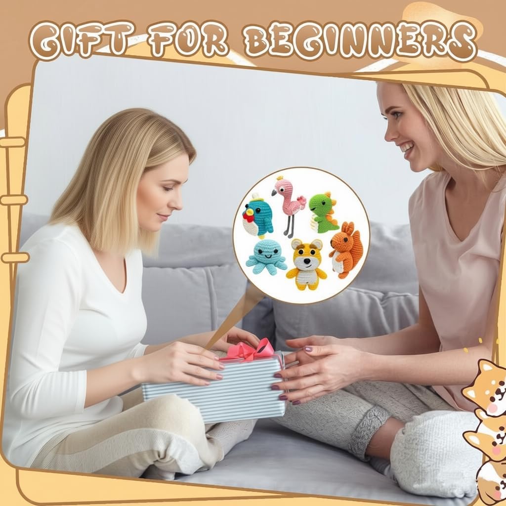 6-Piece Beginner Crochet Kit for Adults – DIY Animal Amigurumi Kits with Step-by-Step Video Tutorials, Yarn, Crochet Hooks, and Perfect Gift for Craft Lovers