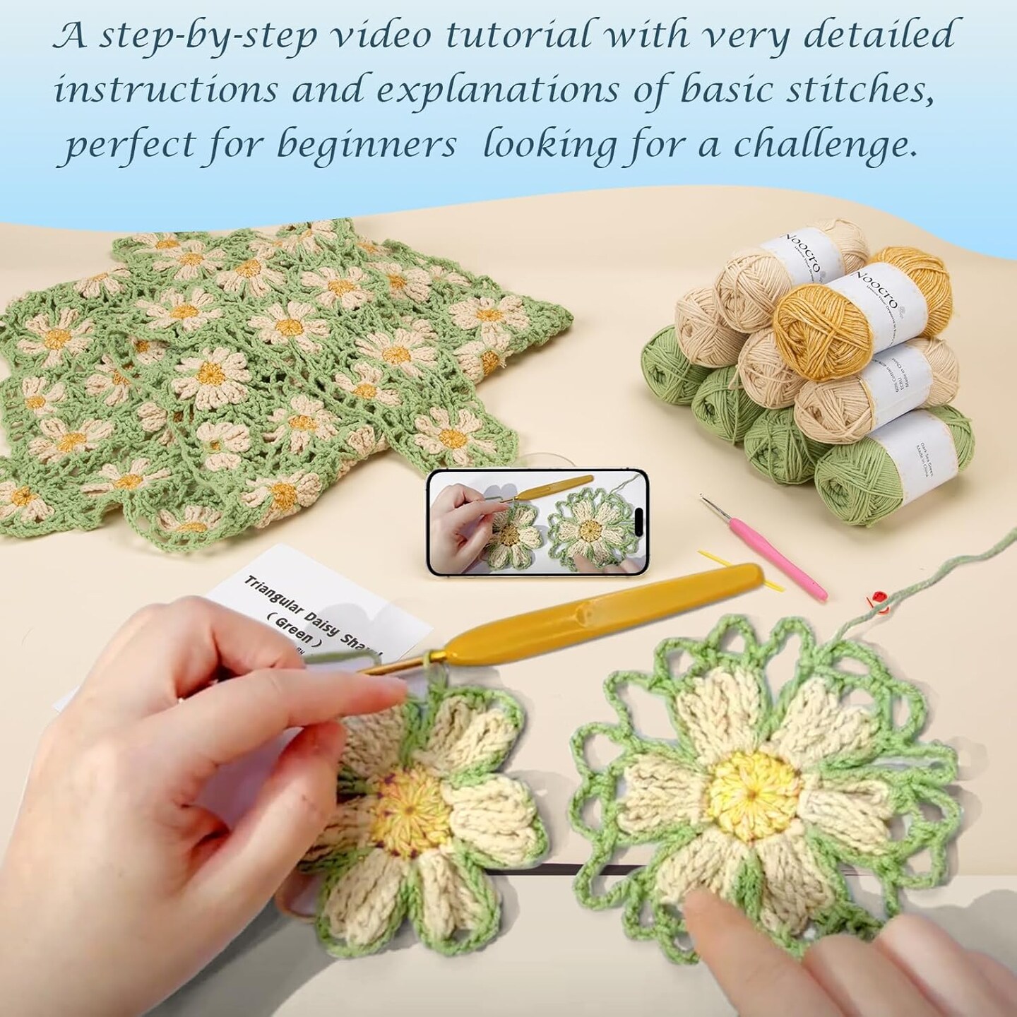 Intermediate & Advanced Crochet Kit – Floral Daisy Shawl DIY Craft Kit with Premium Yarn, Step-by-Step Video Tutorials & Detailed Instructions – Perfect Holiday Gift (Green)