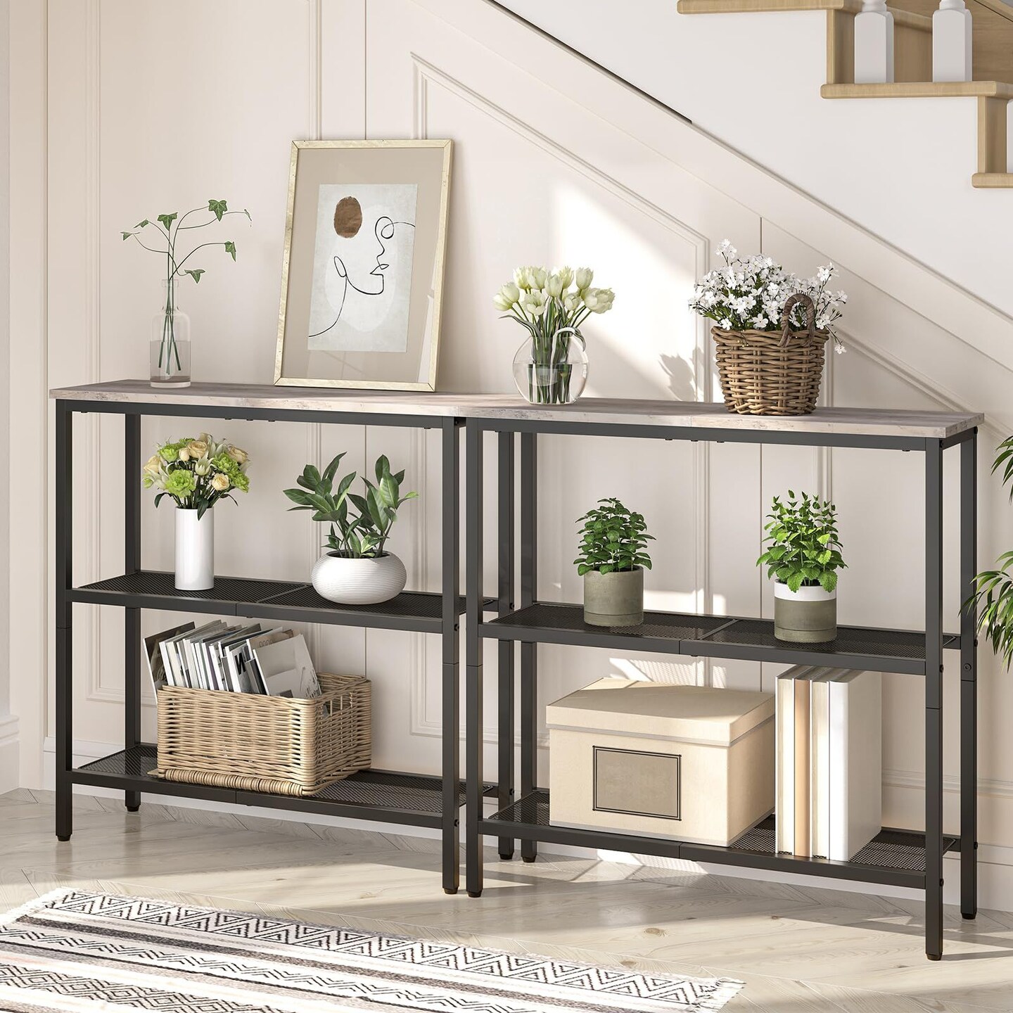 Skinny Sofa Table with Drawers and Mesh Shelves, Narrow Hallway Table