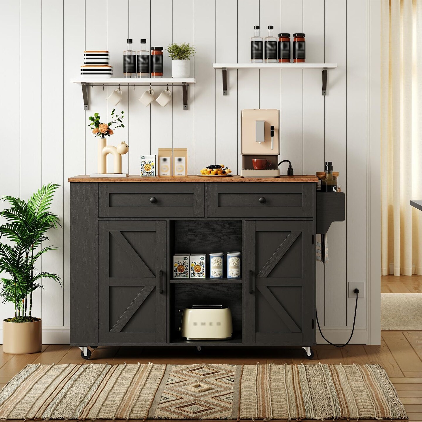 Rolling Kitchen Island with Drop Leaf Table, USB Outlet, Storage