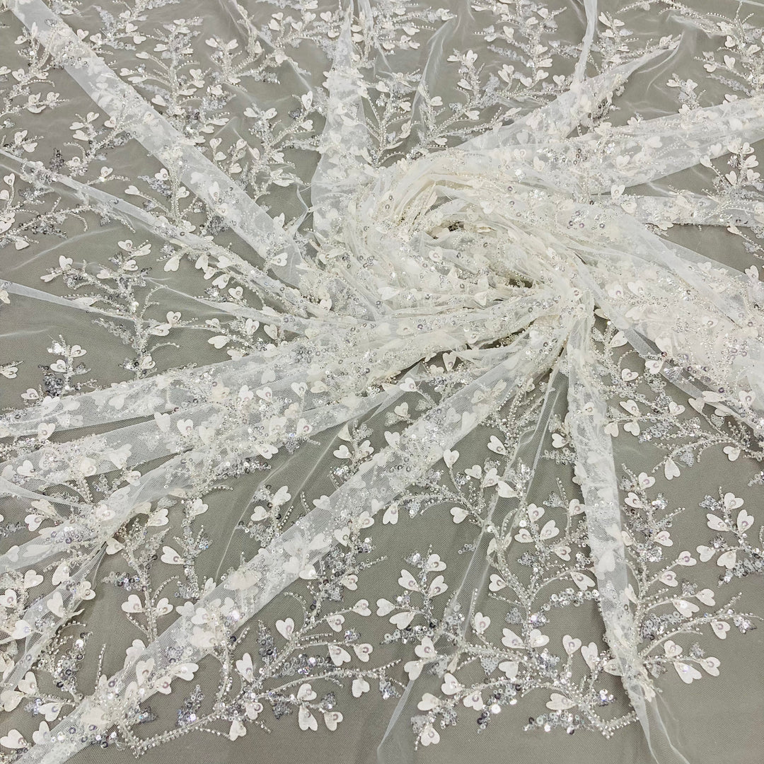 1 Yard Ivory Silver Beaded 3D Floral Lace Fabric, Embroidered Polyester Mesh, 54" Wide